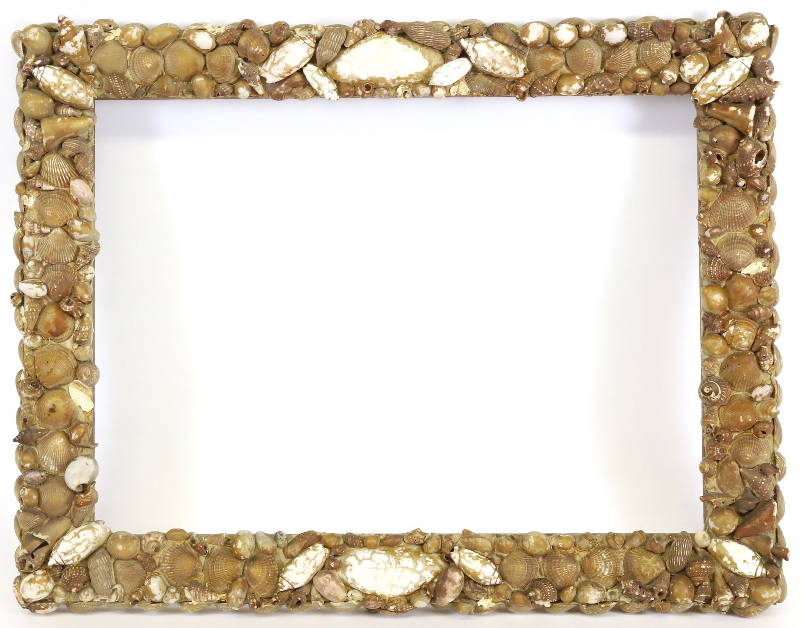 Antique Folk Art Nautical Shell Decorated Frame: Antique Folk Art Nautical Shell Decorated Frame, circa 1900, decorated with various species and sizes of seashells. 16 in. x 12 in. Opening 10 in. x 13.5 in.