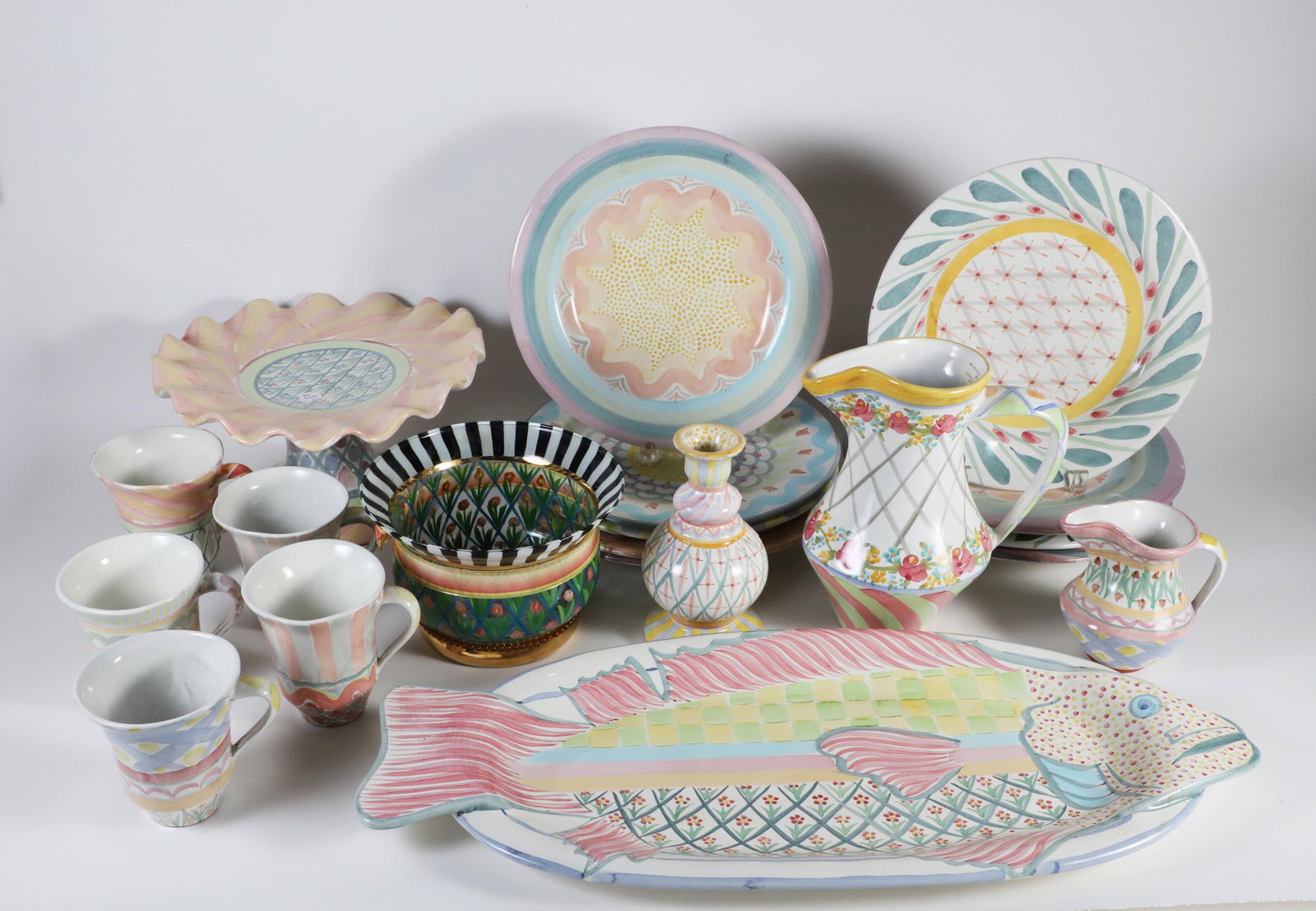 Mackenzie Childs Ceramic Partial Dinner Service: Mackenzie Childs Ceramic Partial Dinner Service 11 Dinner Plates dia. 11.5-12 in. Fish Platter length 25 in. 5 Mugs Creamer Pitcher Vase Compote Hand Painted Gla