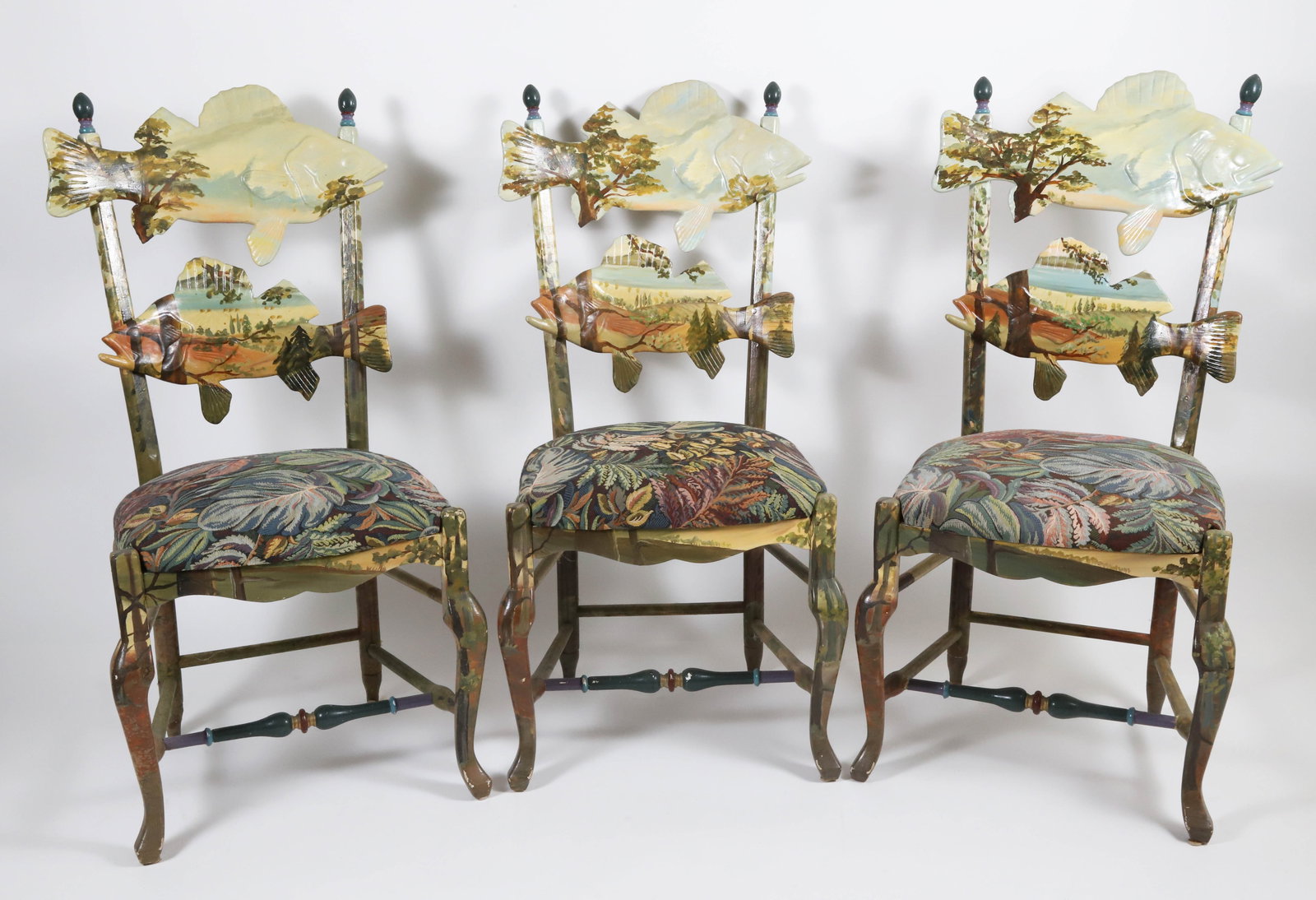 Set of 3 Mackenzie Childs Forest Fish Decorated Ladder-Back Side Chairs: Set of 3 Mackenzie Childs Forest Fish Decorated Ladder-Back Side Chairs Height 42 in. Width 20 in. Depth 16 in. Seat Height 20 in.