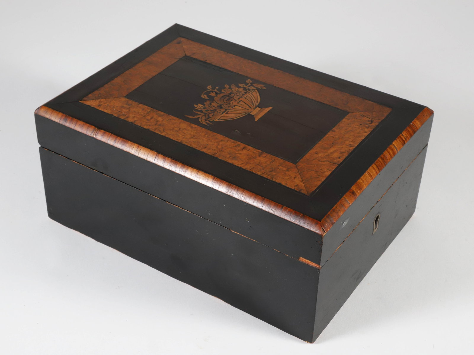 Maple and Burlwood Inlaid Lift Top Storage Box, 19th Century: Maple and Burlwood Inlaid Lift Top Storage Box, 19th Century, with multi-wood urn inlay 4 in. x 6.5 in. x 9 in.