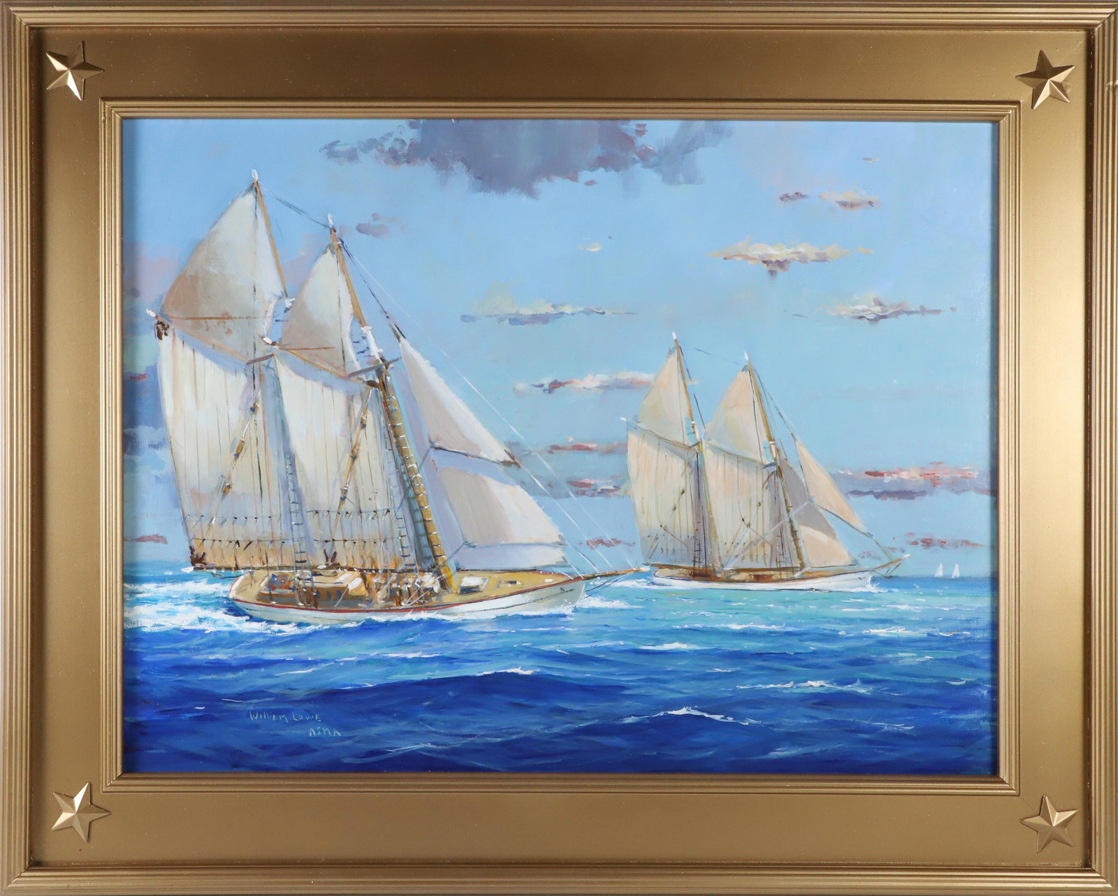 William Lowe Oil on Canvas "Sailing off Nantucket Island": William Lowe Oil on Canvas "Sailing off Nantucket Island", signed lower left William Lowe ASMA in molded gilt frame, signed and titled on reverse 18 in. x 24 in. Framed 24 in. x 30 in.