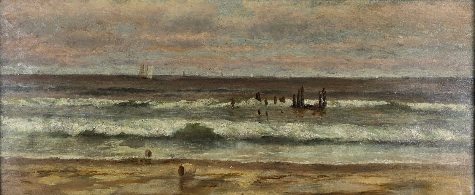 Fine Antique American Oil on Canvas Coastal Seascape Painting, 19th century: Fine Antique American Oil on Canvas Coastal Seascape Painting, 19th century, depicting a New England North Shore wave break, with shipwreck and lobster pots amongst the shoreline, unsigned, in origina
