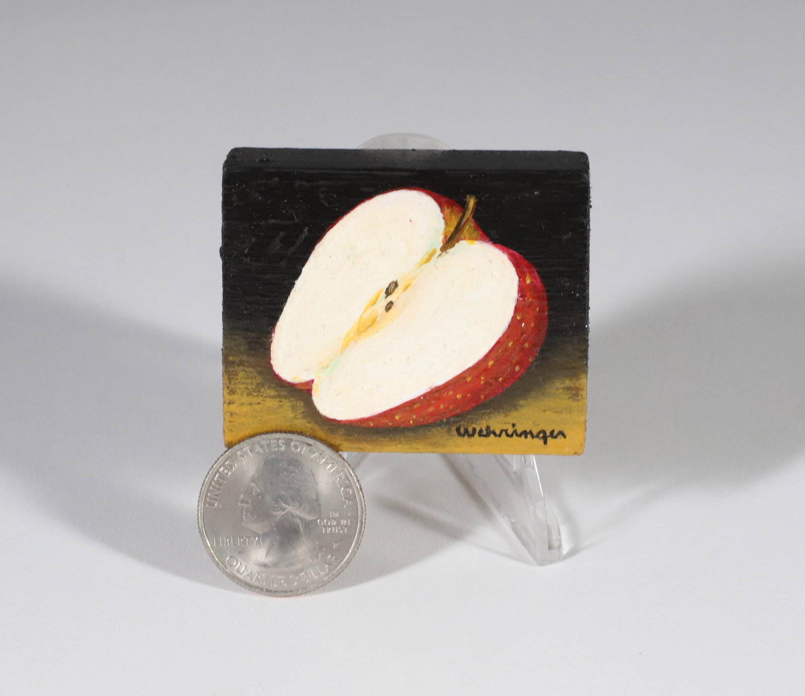 Charles Wehringer Miniature Still Life Oil on Board "Sliced Red Apple": Charles Wehringer (American 20th Century) Miniature Still Life Oil on Board "Sliced Red Apple" signed lower right Wehringer 1.5 in. x 2.75 in. Charles Wehringer is known listed New York painter who pa