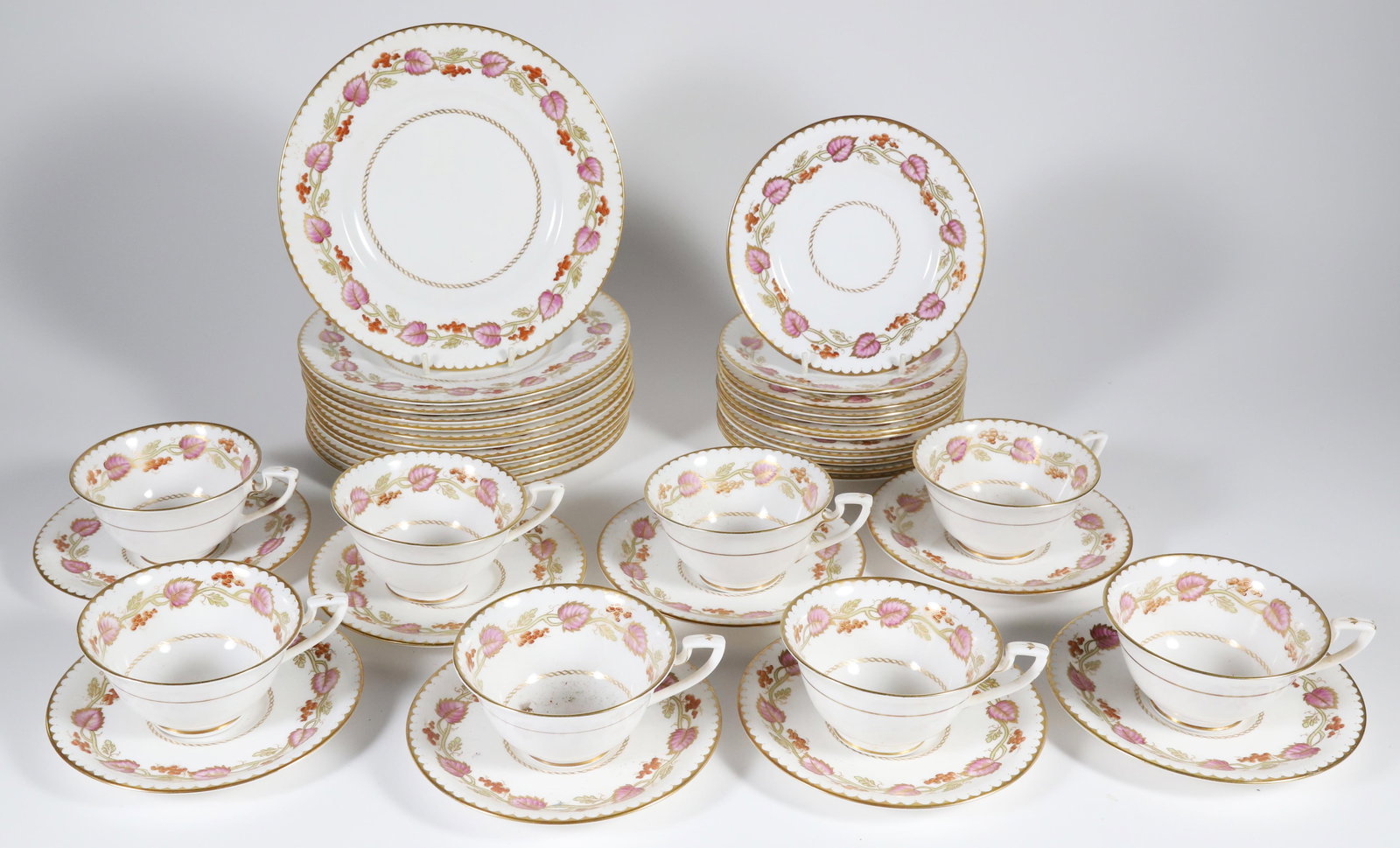 Royal Worcester Dessert Service in the Montpelier Pattern: Royal Worcester Dessert Service in the Montpelier Pattern comprising: 12 Cake Plates Diameter 8" 11 Cookie Plates 8 Coffee or Tea Cups 8 Saucers