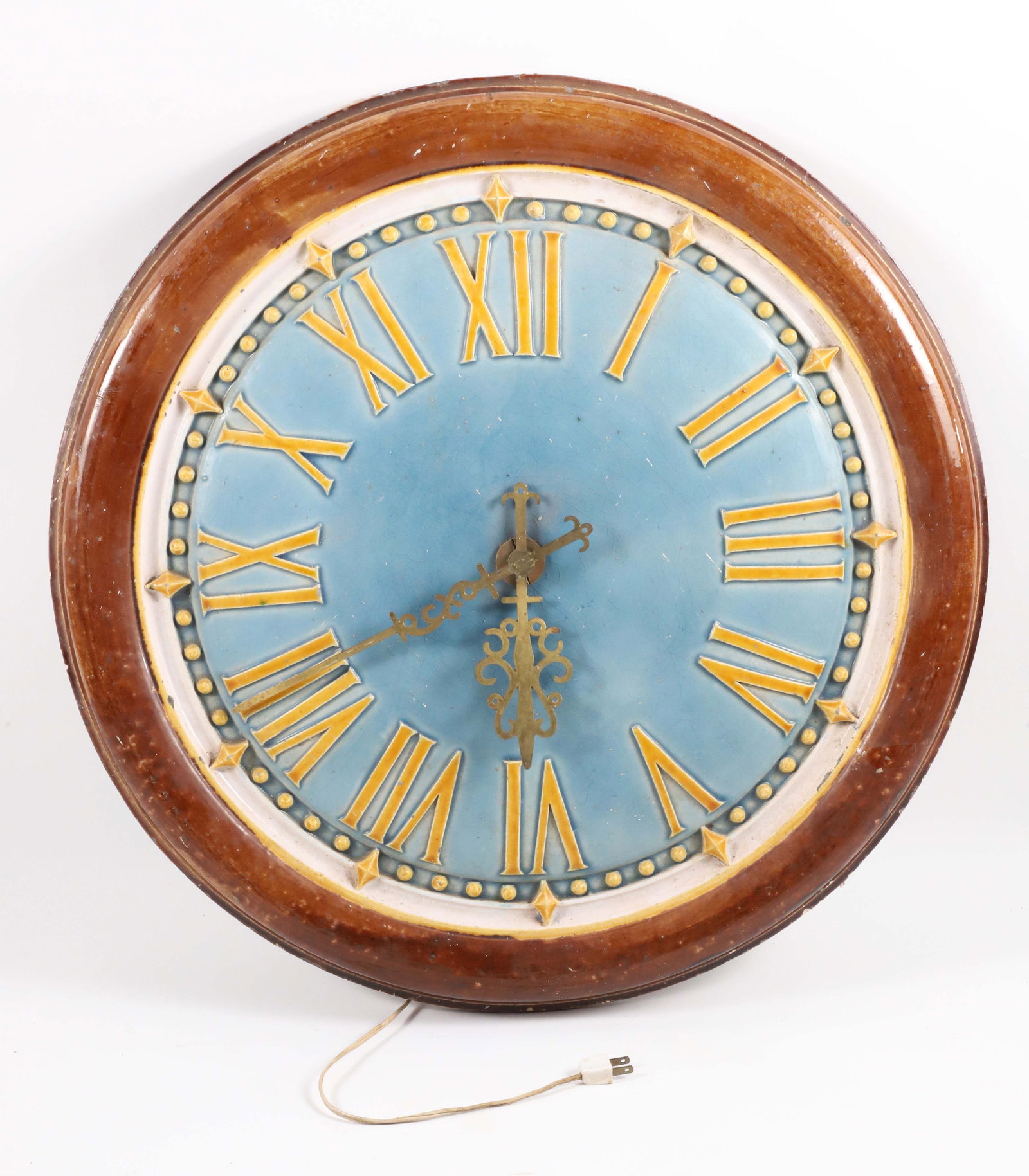 Rare 19th Century Majolica Clock With Roman Numeral Face: Rare 19th Century Majolica Clock With Roman Numeral Face, stamped on reverse Muller. Ivry Diameter 29 in. Overall 32 in.