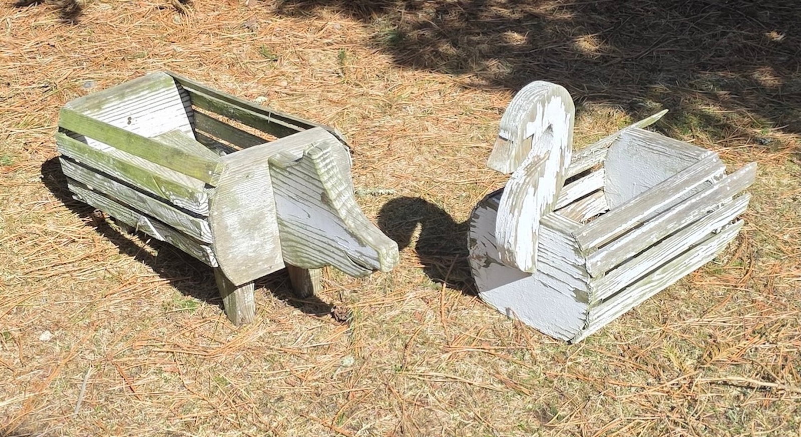Two Vintage Figural Teak Animal Planters, 20th century: Two Vintage Figural Teak Animal Planters, 20th century, one swan and one pig, with remnants of old paint.