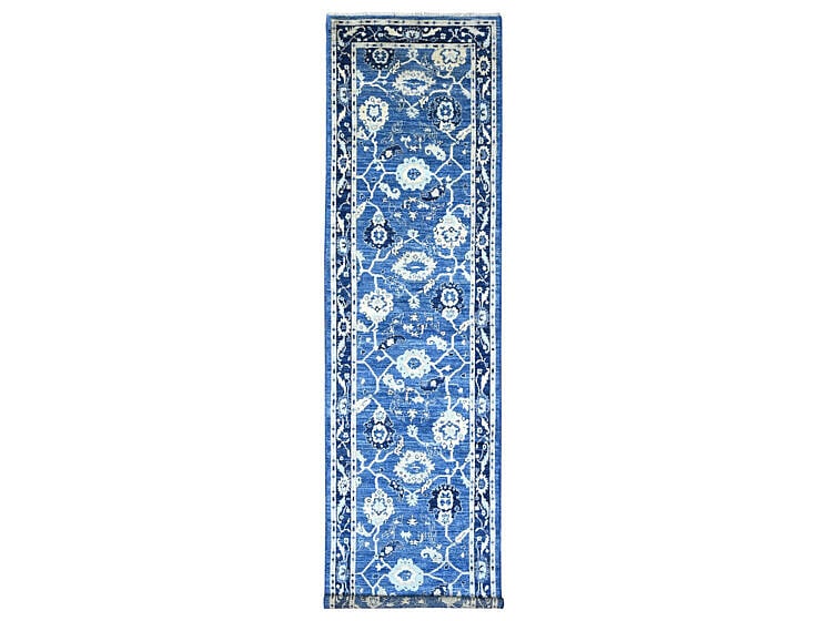 Blue and White Angora Oushak Hand Knotted Wool Carpet Runner, 15 ft. 7 in.: Blue and White Angora Oushak Hand Knotted Wool Carpet Runner, with all over leaf design, vegetable dyes 15 ft. 7 in. x 4 ft.
