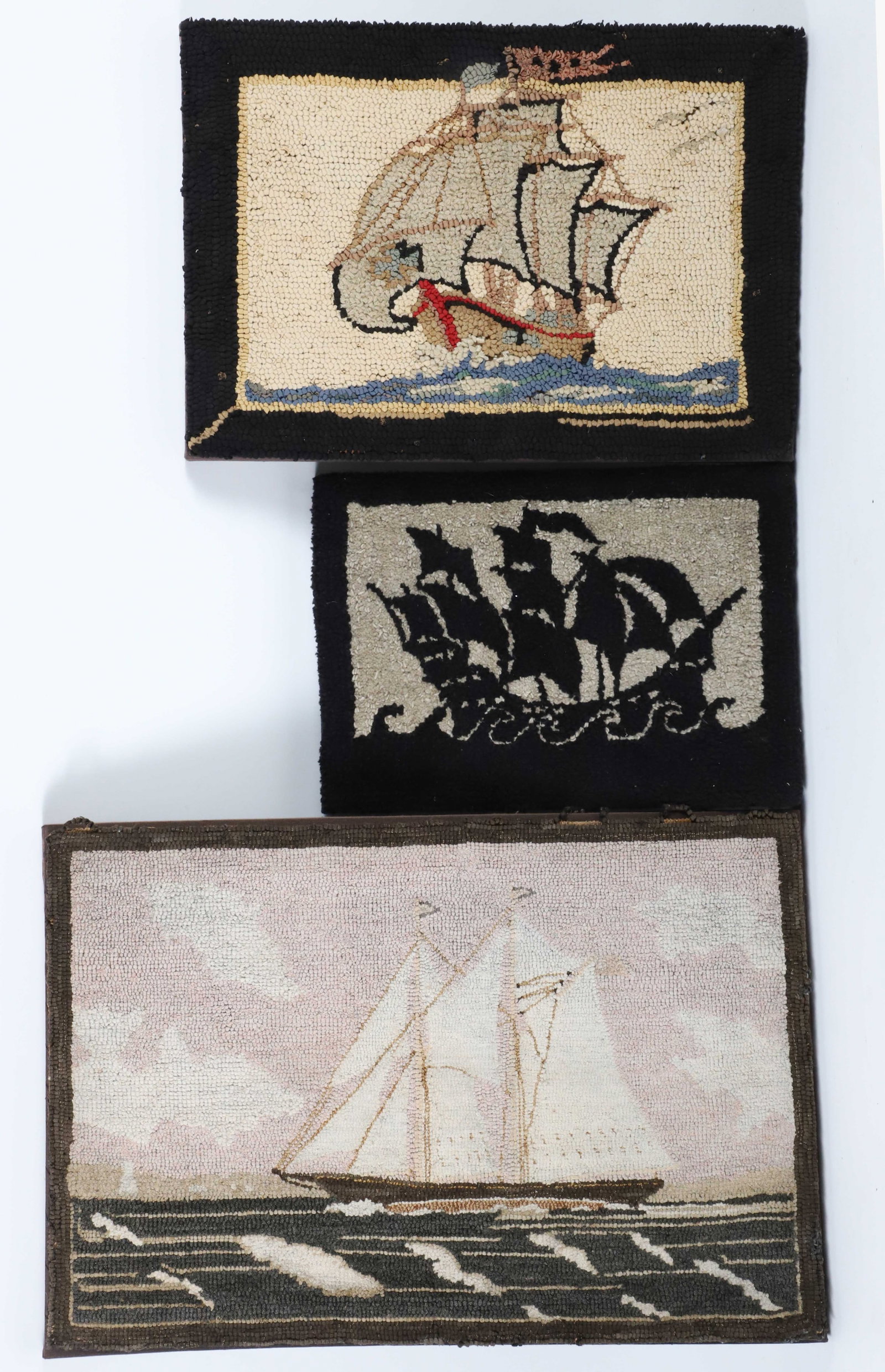 Three Antique Clipper Ship Hooked Rug Mounted on Boards (1 of 5)