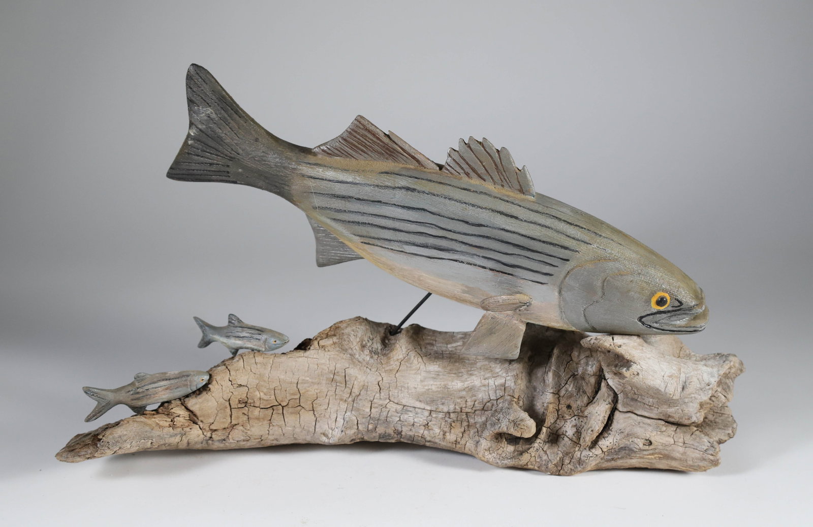 Folk Art Carved and Painted Striped Bass on Driftwood Base (1 of 6)