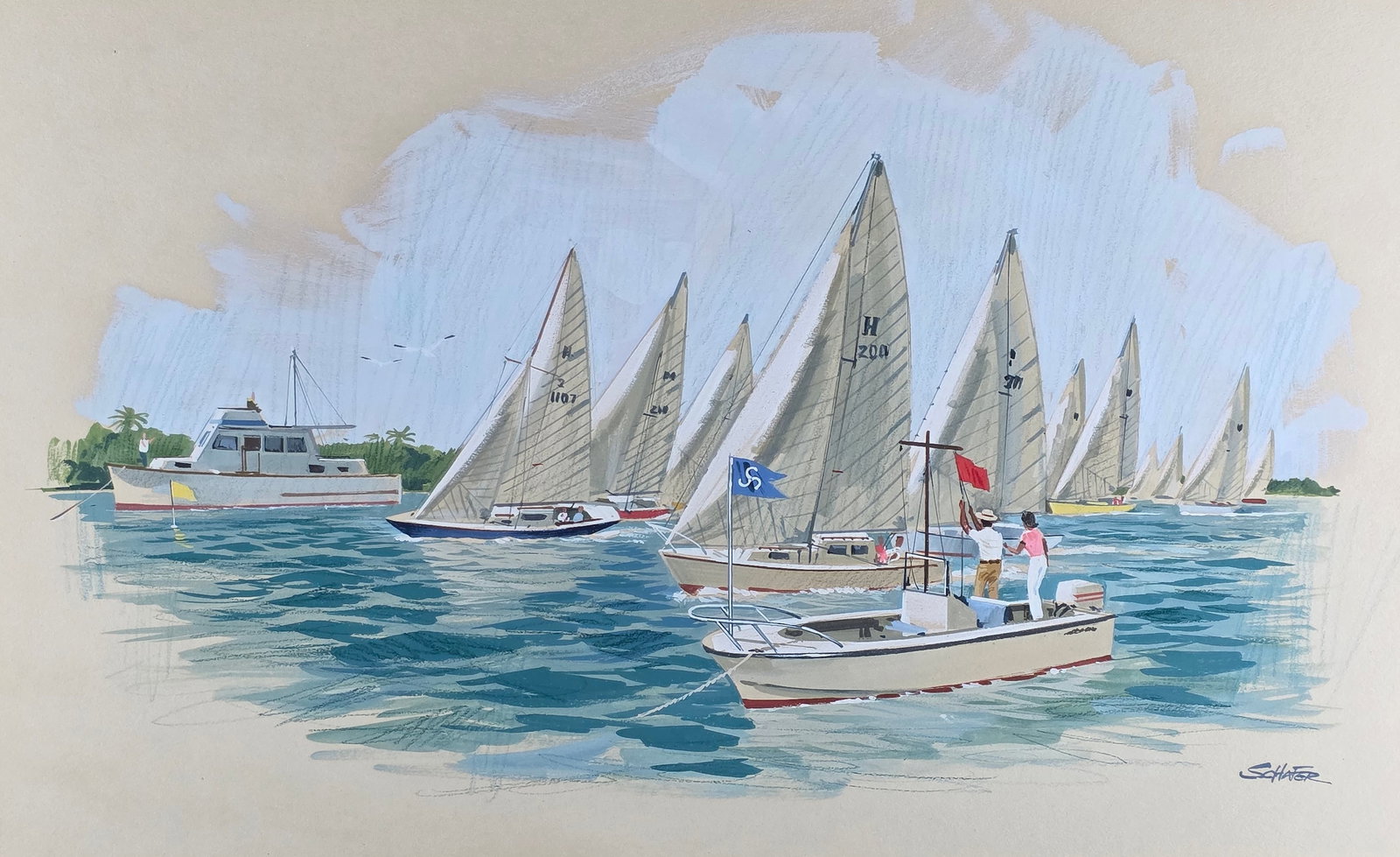 Vintage Schafer Gouache on Artists Paper, “Florida Regatta", Painting, 20th Century (1 of 4)