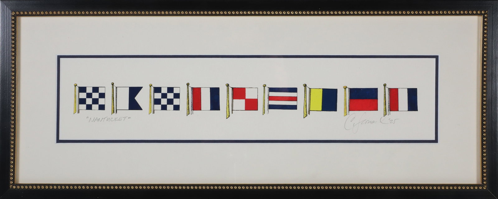 Contemporary Nantucket Signal Flags Lithograph: Contemporary Nantucket Signal Flags Lithograph, pencil signed lower right, matted and framed, 2025. 4 in. x 17.5 in. Overall 9.5 in. x 23 in.