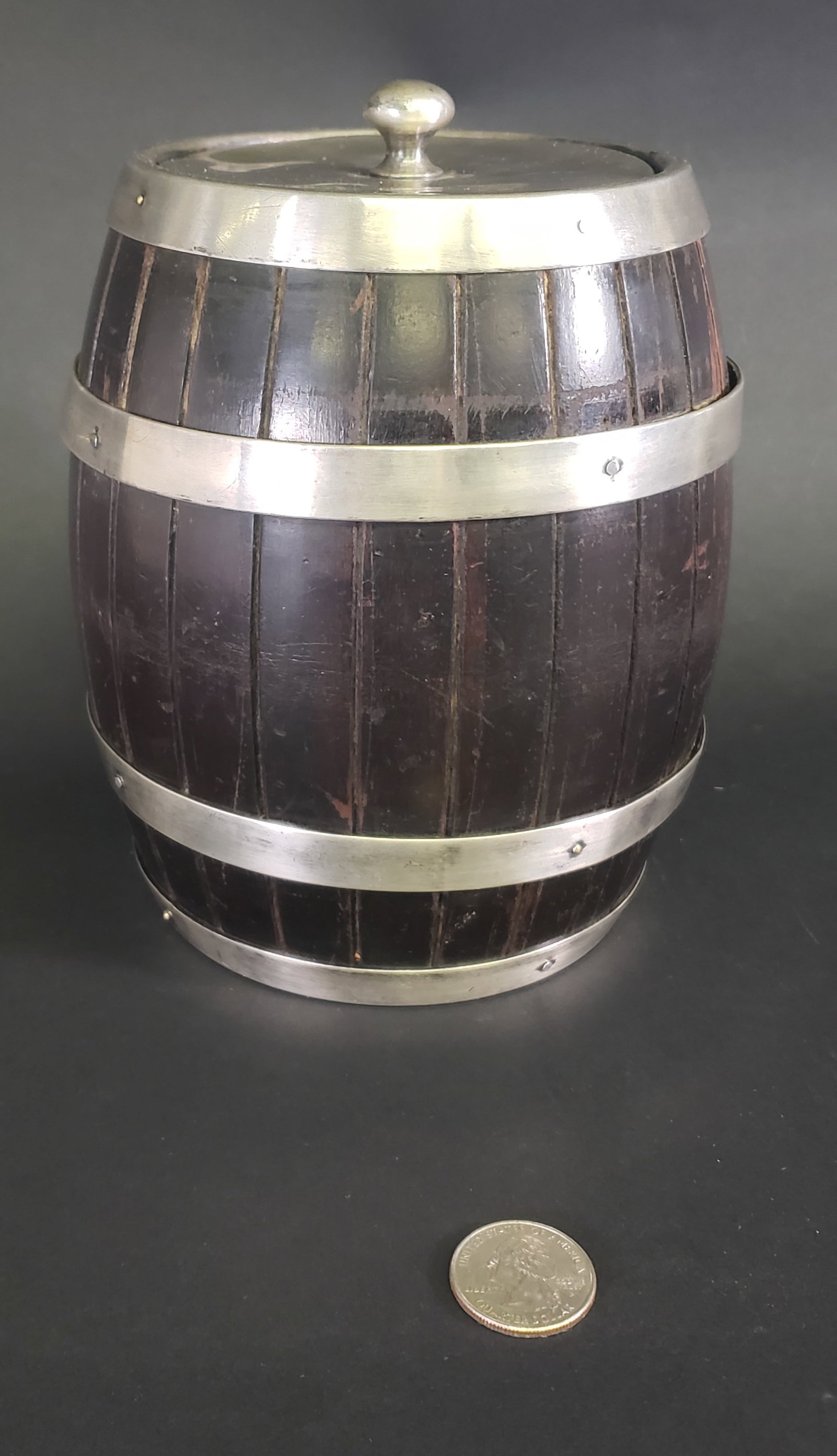 Vintage Chrome Bound Barrel Form Tobacco Jar, 20th century: Vintage Chrome Bound Barrel Form Tobacco Jar, 20th century Height 7 in. Width 5.5 in.