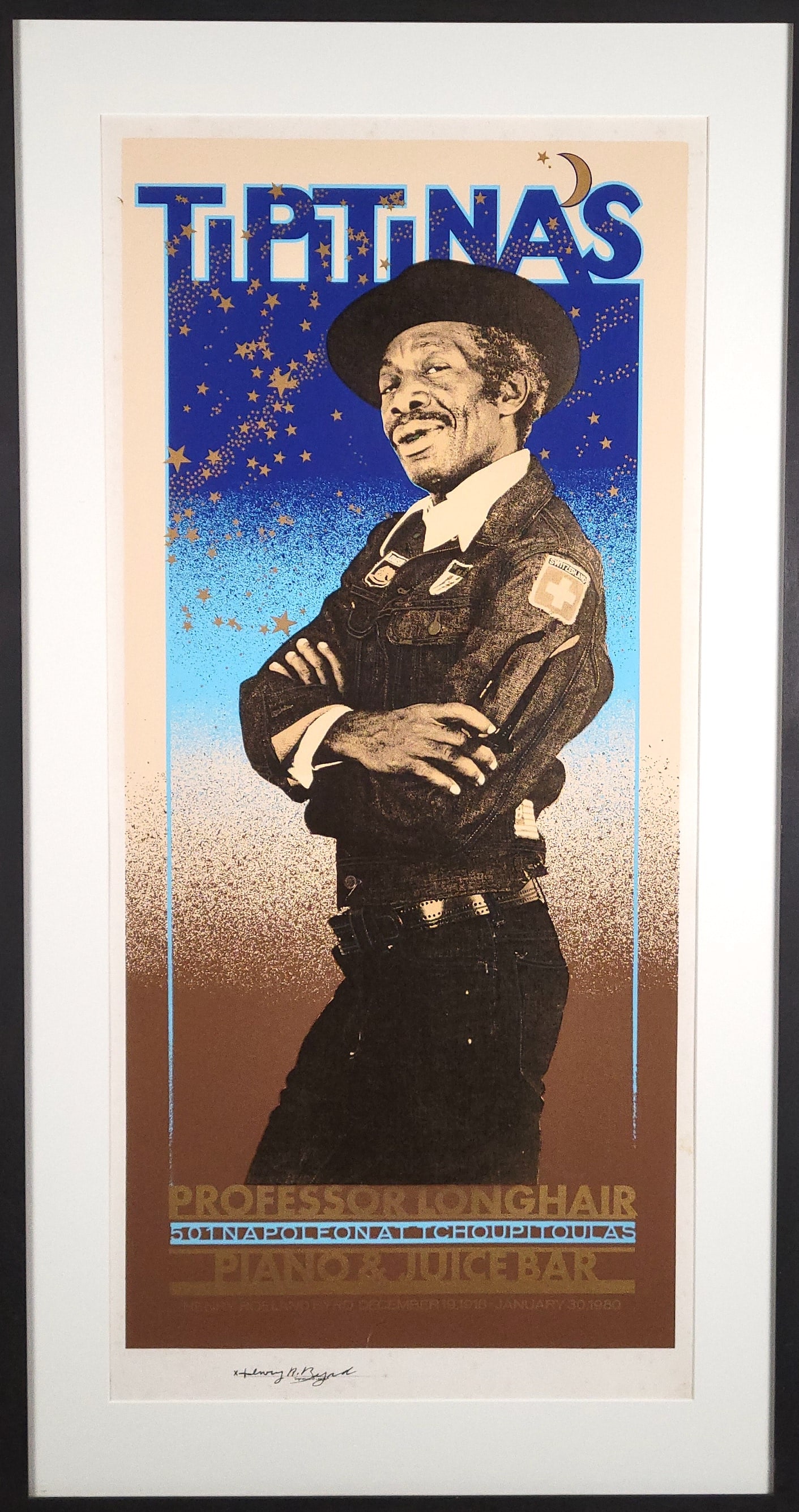 Vintage Professor Longhair Tipitina’s New Orleans Jazz Concert Poster: Vintage Professor Longhair Tipitina’s New Orleans Jazz Concert Poster, circa 1980, serigraph print by Michael P. Smith and Mischa Philippoff, signed on plate Henry Roseland Byrd (Professor Longhair)