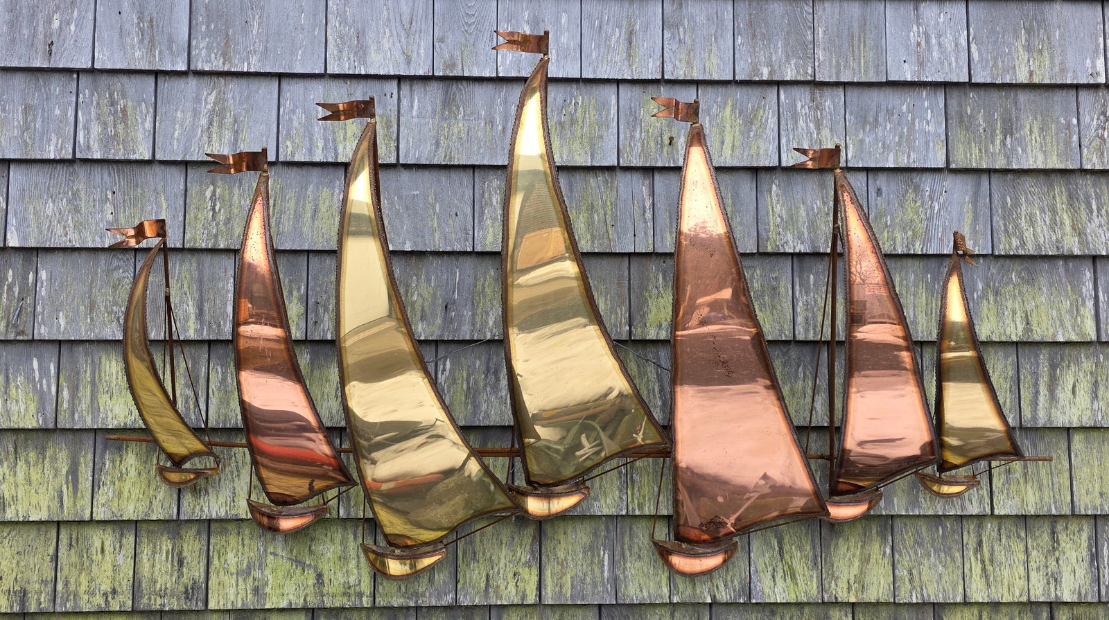 Large Vintage Brass and Copper Demott Sailboats Hanging Art Wall Sculpture: Large Vintage Brass and Copper Demott Sailboats Hanging Art Wall Sculpture, signed lower right 29 in. X 51 in.