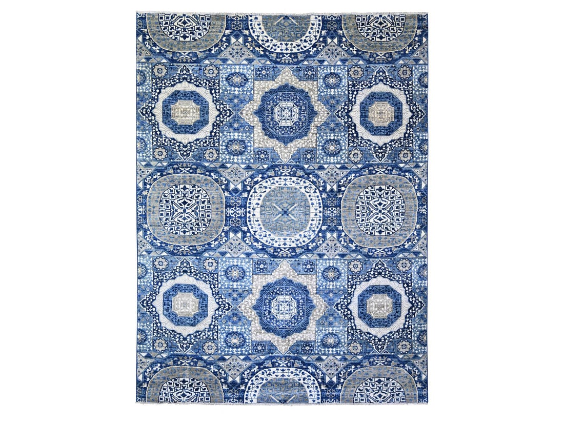Blue and White Fine Peshawar Mamluk Design Hand Knotted Wool Oriental Carpet Rug: Blue and White Fine Peshawar Mamluk Design Hand Knotted Soft Wool Oriental Carpet Rug, with all over medallions