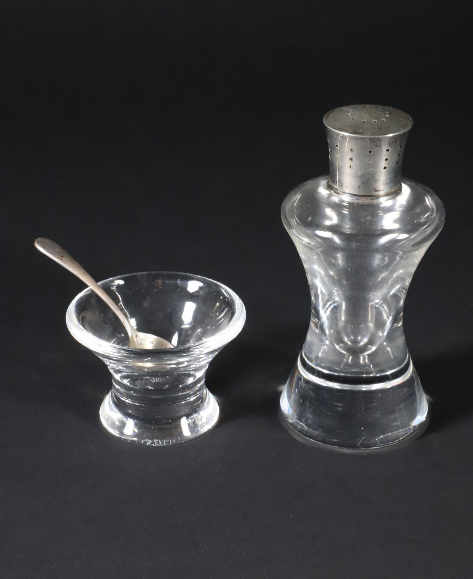 Signed Steuben Clear Glass Open Salt and Pepper Shaker with Sterling Cap and Salt Spoon: Signed Steuben Clear Glass Open Salt and Pepper Shaker with Sterling Cap and Salt Spoon Height 4.5 in.