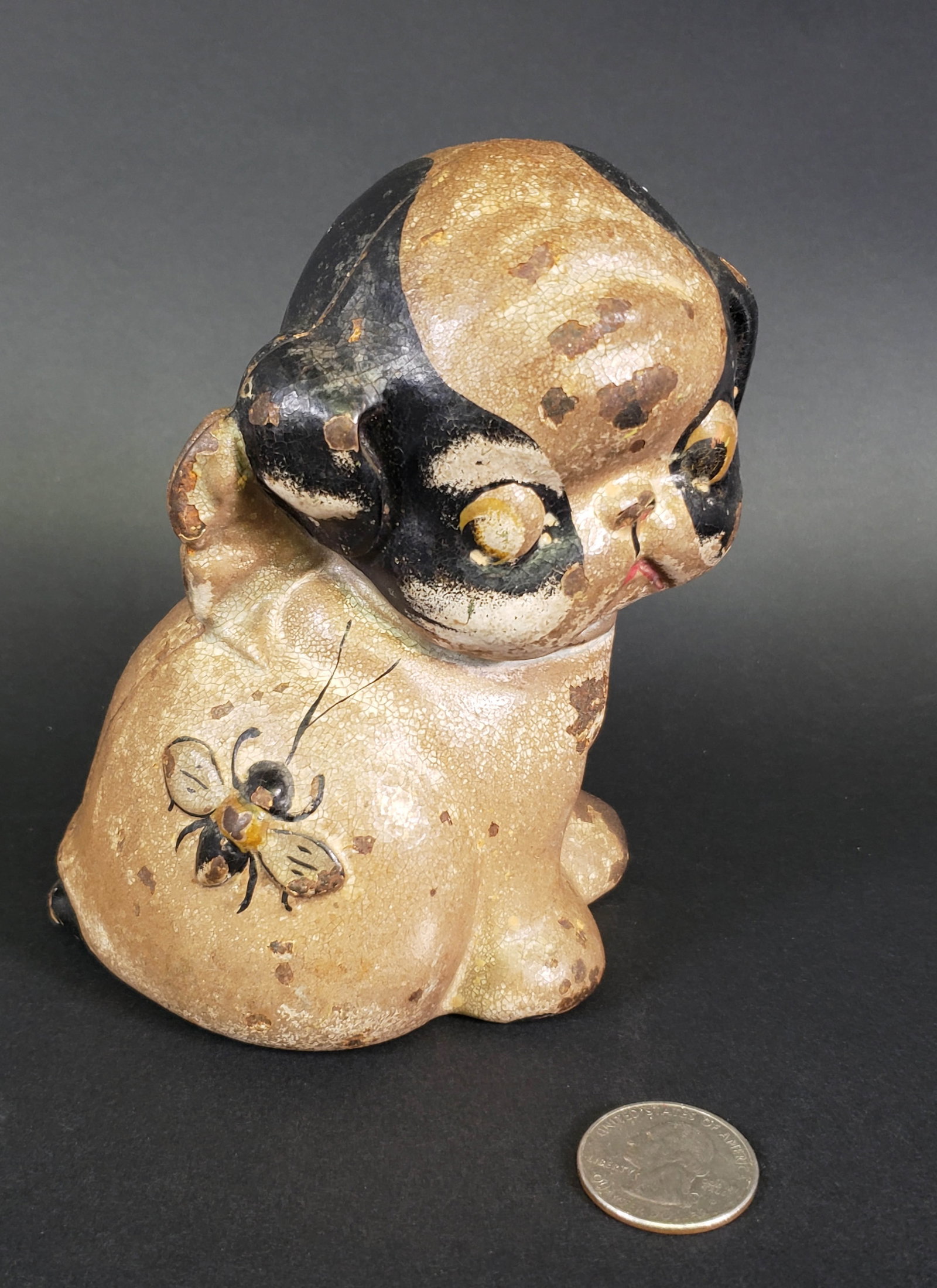 Antique Cast Iron Puppy Dog Still Bank, circa 1920s: Antique Cast Iron Puppy Dog Still Bank, circa 1920s, in original paint, Fido/Puppo character Height 4.75 in. Width 4 in.