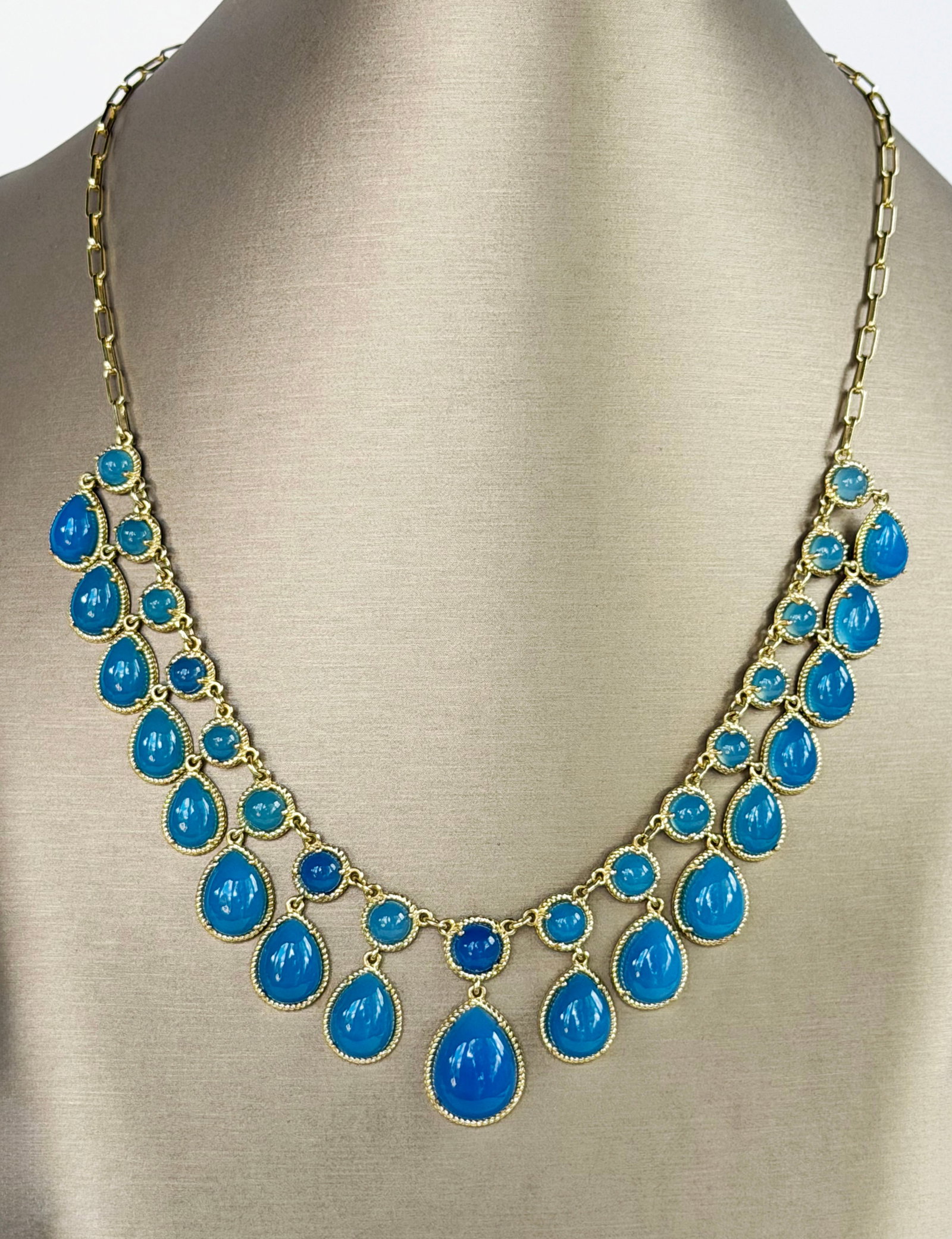 Blue Chalcedony Sterling Silver Vermeil Necklace: Blue Chalcedony Sterling Silver Vermeil Necklace Length 17 in. Overall Length 19 in.