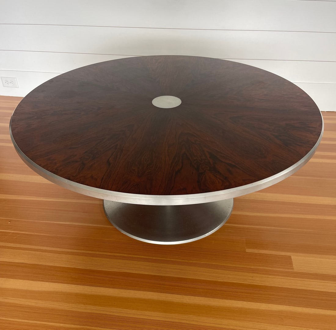 Art Deco Tropical Wood and Chrome Round Coffee Table: Art Deco Tropical Wood and Chrome Round Coffee Table Height 20 in. Diameter 47 in.