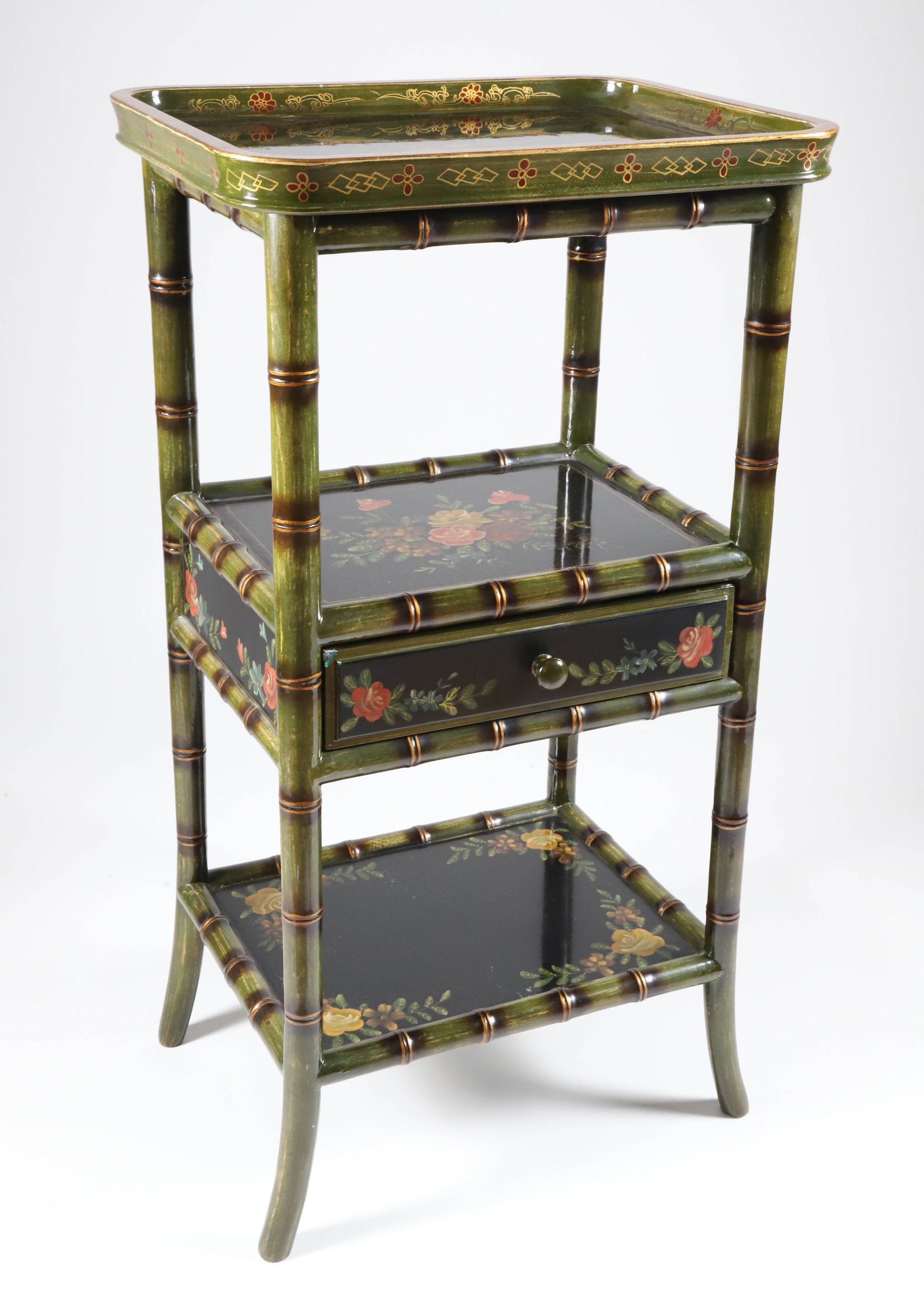 Contemporary Three Tier Faux Bamboo Paint Decorated Etagere: Contemporary Three Tier Faux Bamboo Paint Decorated Etagere Height 38 in. Width 20 in. Depth 16 in.