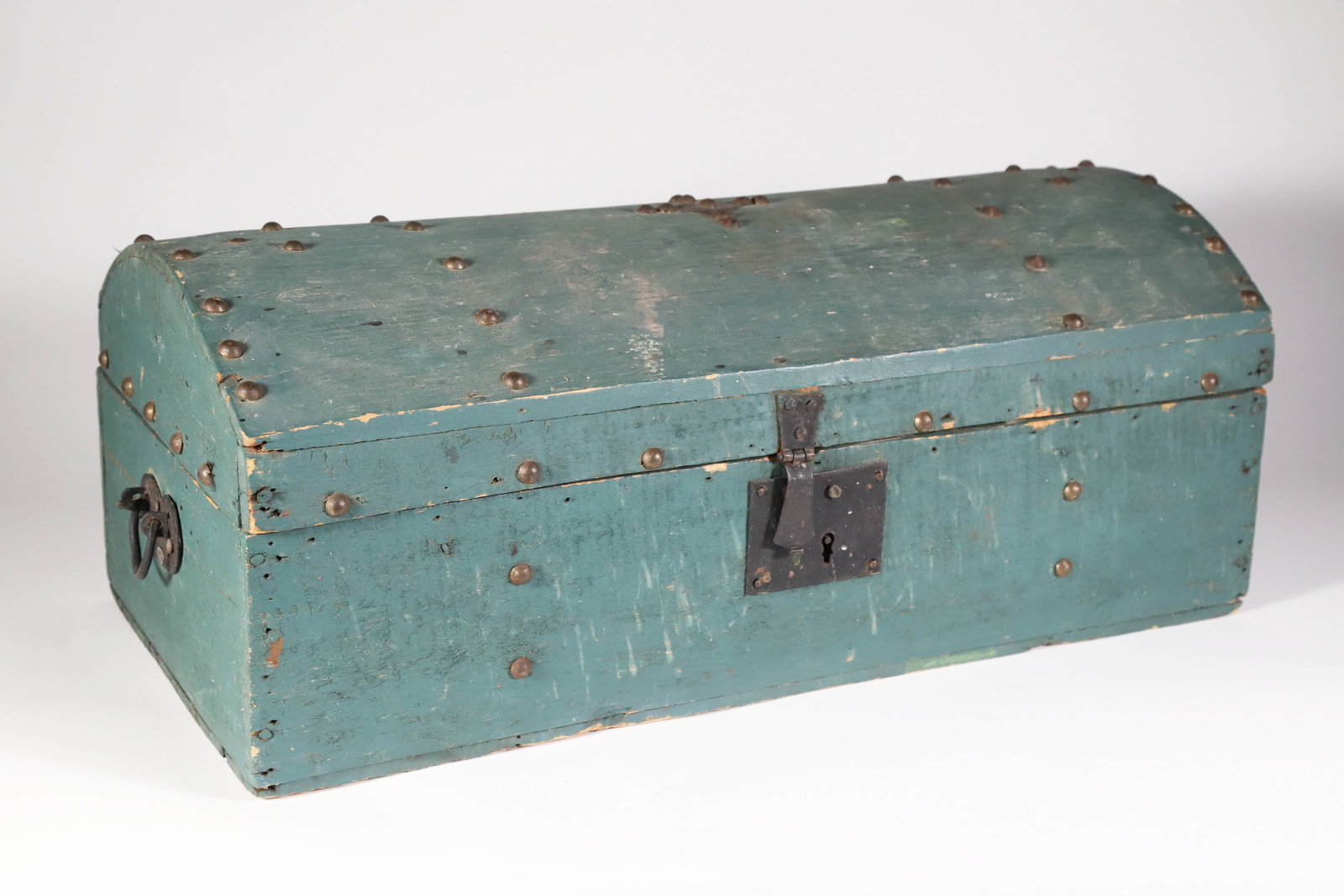 Dome Top Brass Studded Pine Sea Chest in Green Paint, 19th Century: Dome Top Brass Studded Pine Sea Chest in Green Paint, 19th Century Height 10 in. Length 24 in. Depth 12 in.