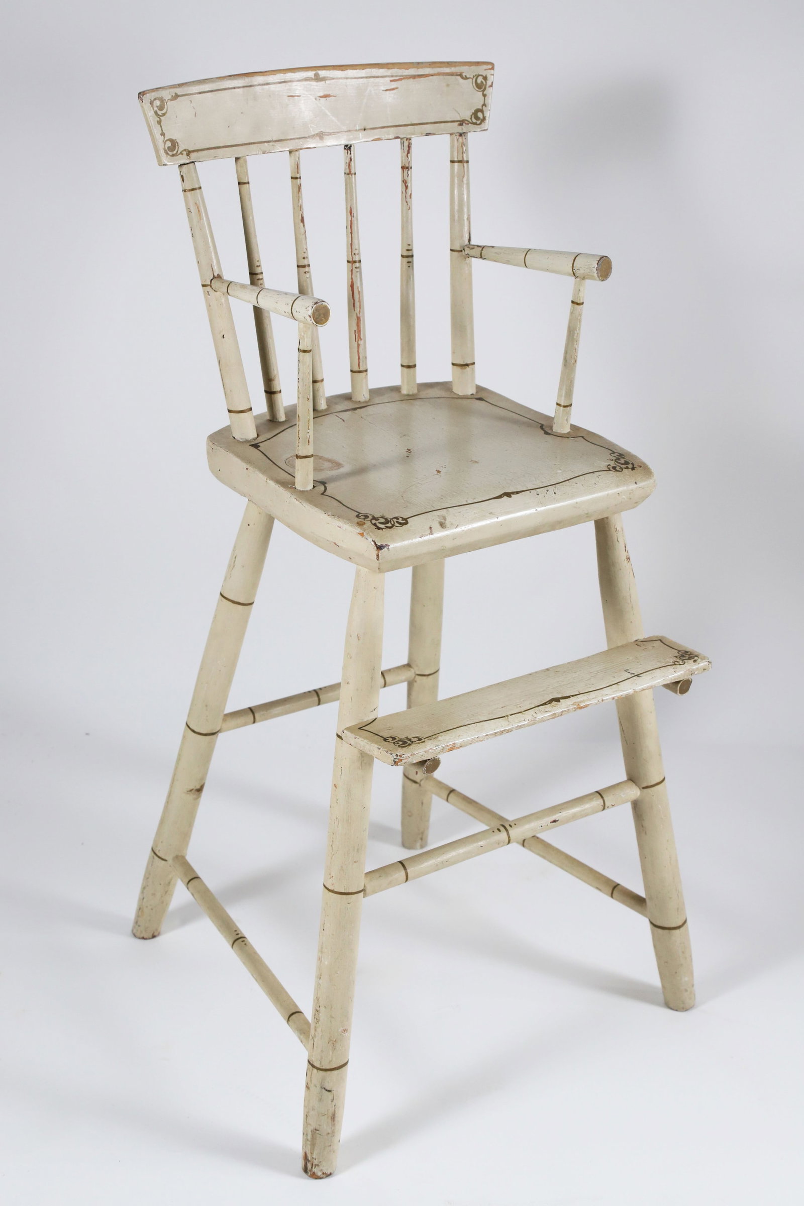 American Child's High Chair, circa 1820: American Child's High Chair, circa 1820, gilt decorated on white ground Height 31.5 in. Width 12 in. Depth 14 in.