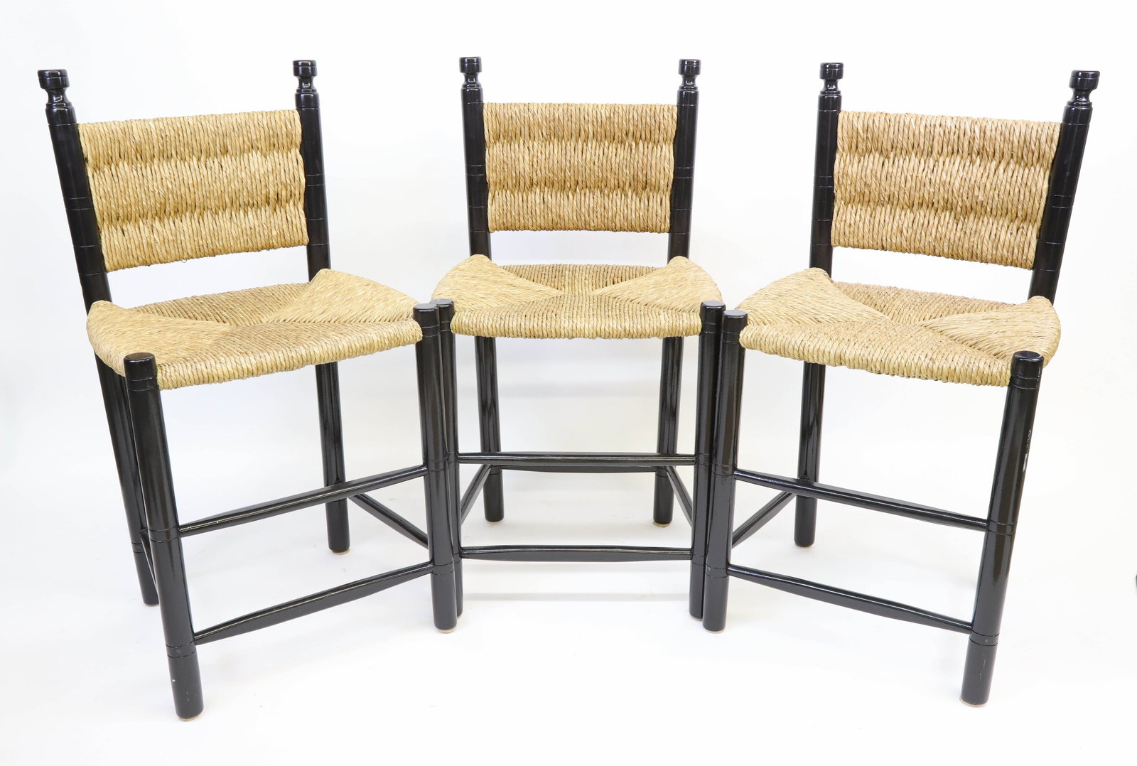 Three Black Painted Faux Bamboo Rush Seat Stools: Three Black Painted Faux Bamboo Rush Seat Stools Height 21 in. Width 20 in. Seat Height 24 in.