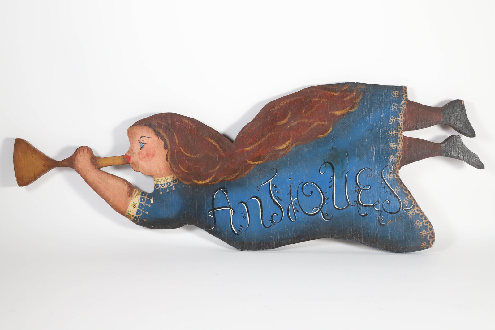 Contemporary Folk Art Wood "Antiques" Sign Hearlding Angel with Trumpet: Contemporary Folk Art Wood "Antiques" Sign Hearlding Angel with Trumpet Height 13 in. Length 38 in.