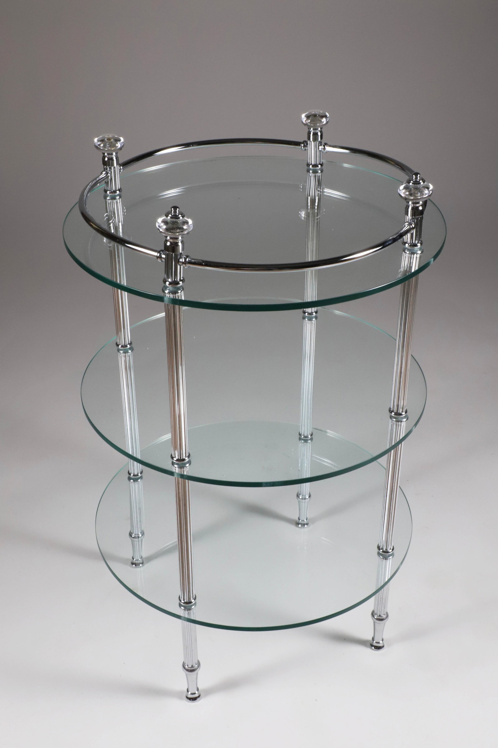 Contemporary Round Three-Tier Chrome and Glass Side Table: Contemporary Round Three-Tier Chrome and Glass Side Table Height 28 in. Diameter 18 in.