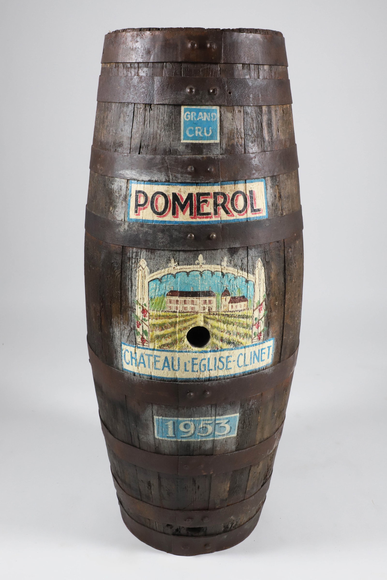 Vintage "Chateau L'Egise-Clinet" Grand Cru Pomerol Barrel Painted 1953: Vintage "Chateau L'Egise-Clinet" Grand Cru Pomerol Barrel Painted 1953, the bottom of the barrel stenciled 1863 SVVM Height 41 in.