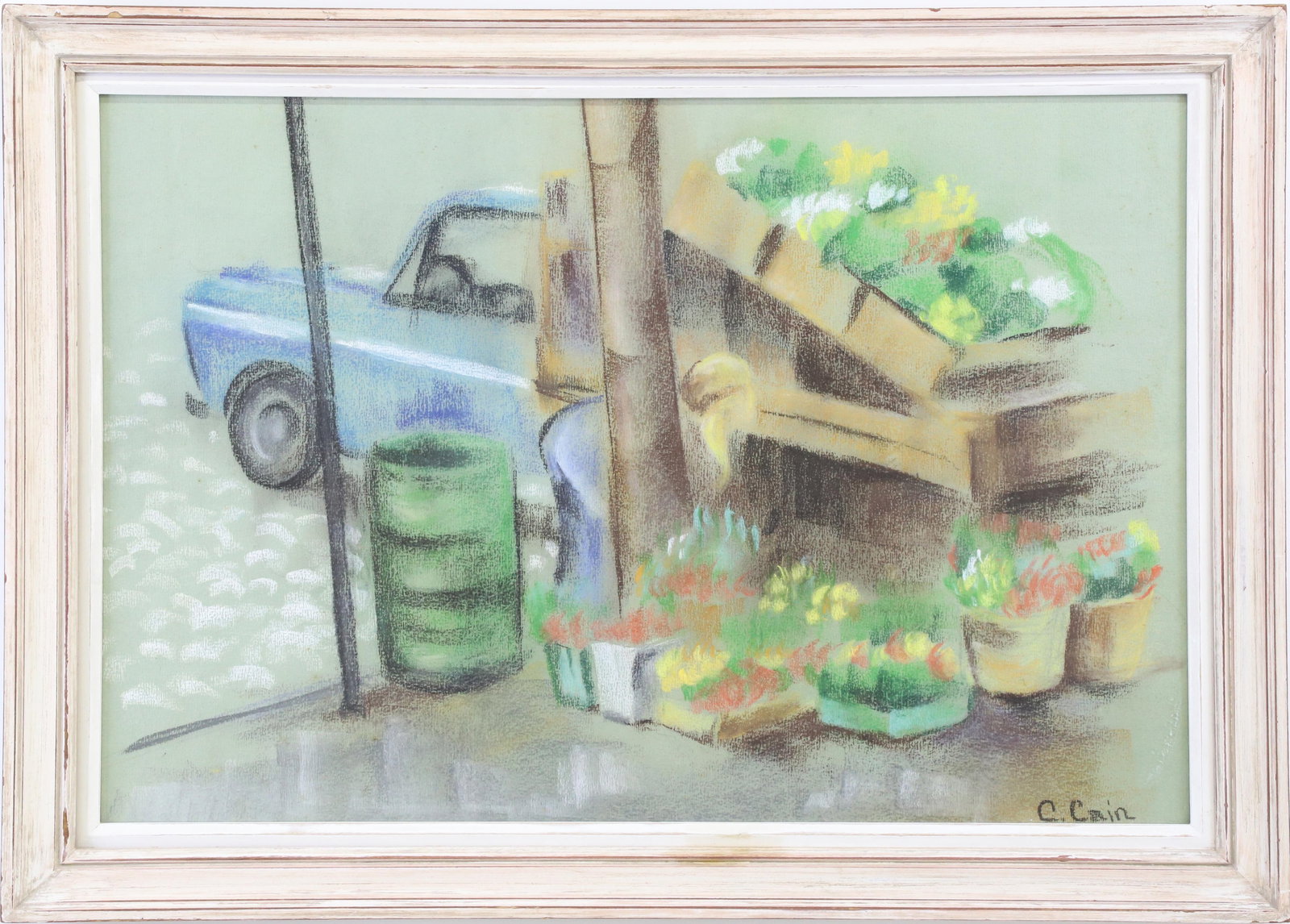C. Cain Pastel "Bartlett's Farm Truck": C. Cain Pastel, "Bartlett's Farm Truck", signed lower right C. Cain in white washed frame. 15 in. x 22 in. Framed 19 in. x 25.5 in.