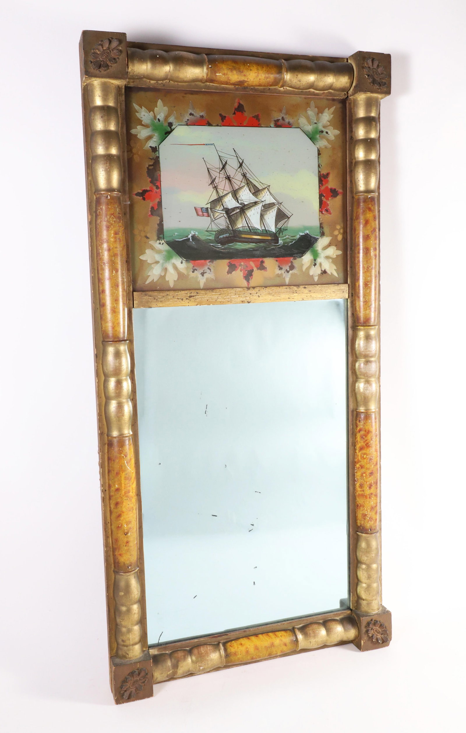 American Eglomise Gilt Divided Light Mirror with Reverse Painted Ship Decoration: American Eglomise Gilt Divided Light Mirror with Reverse Painted Ship Decoration 32 in. x 16 in.
