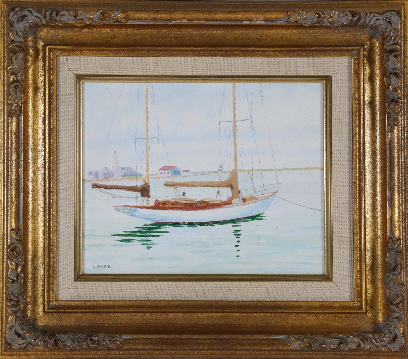 Thomas G. Lohre Jr. Oil on Canvas "Brant Point and Boat": Thomas G. Lohre Jr. Oil on Canvas "Brant Point and Boat" signed lower left Lohre, in gilt frame with linen and gilt liners 8 in. x 10 in. Framed 14 in. x 16 in.