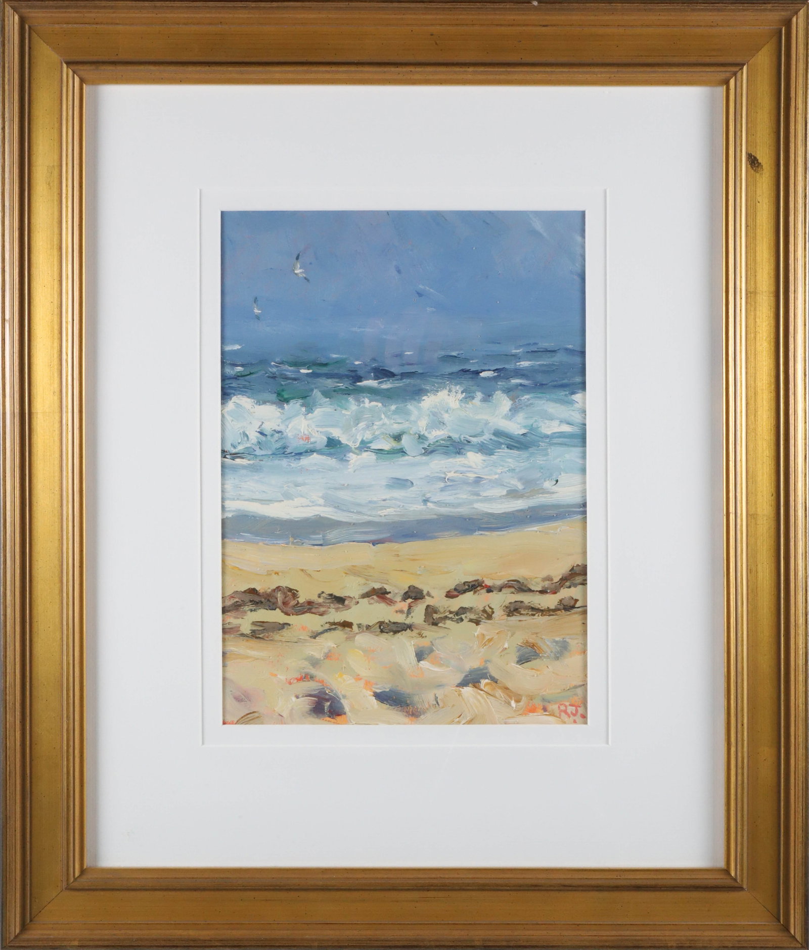 Robert Jones Coastal Seascape Oil Painting: Robert Jones (British b. 1943) Coastal Seascape Oil Painting, initialed lower right R.J., matted within molded gilt frame 12 in. x 9 in. Framed 24 in. x 20 in.