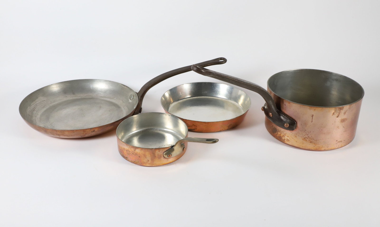 Four Antique Copper Skillets: Four Antique Copper Skillets Diameters from 6.5 in. to 12 in.
