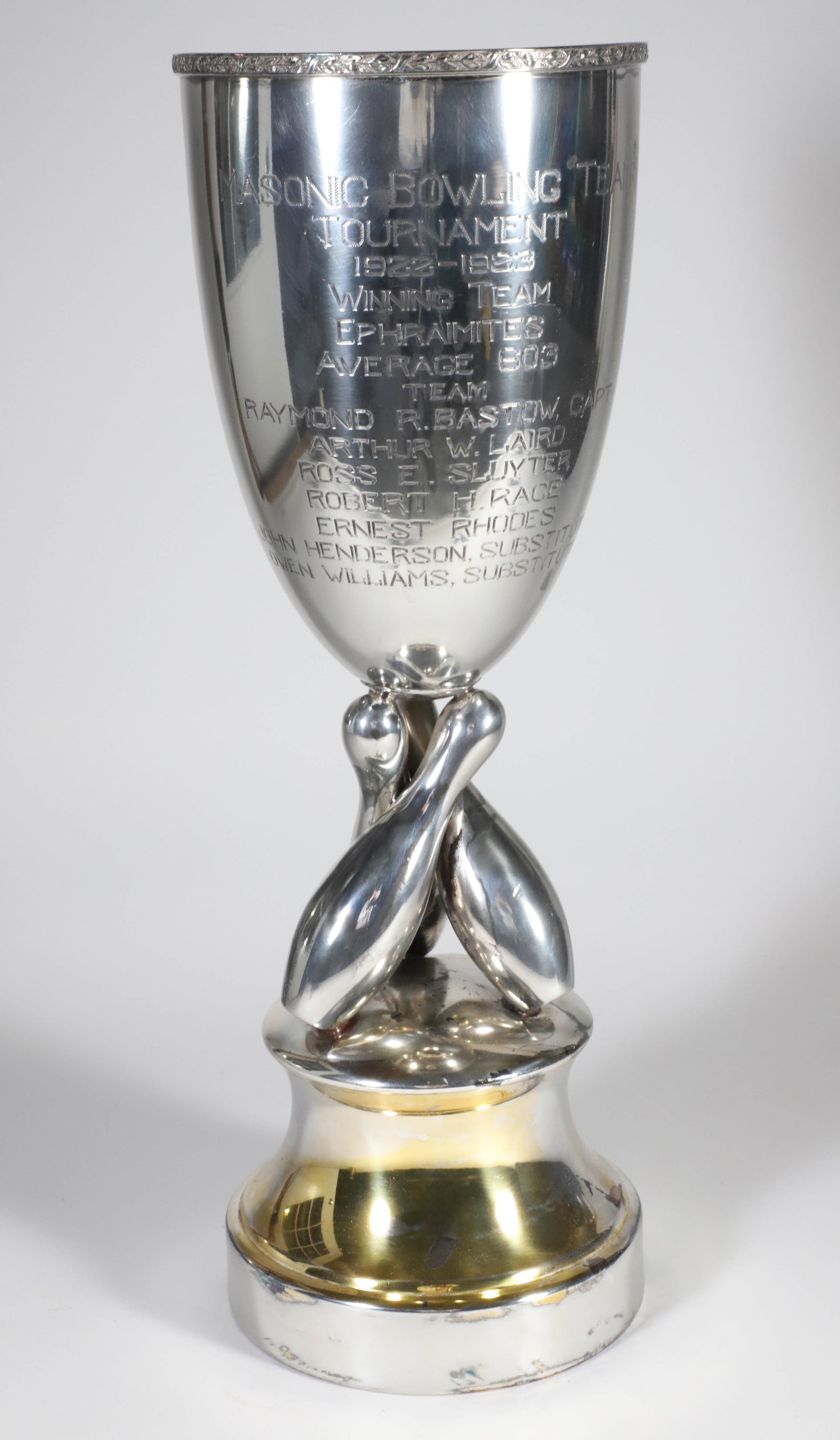 Silver Plated Masonic Bowling Tournament Trophy: Silver Plated Masonic Bowling Tournament Trophy, 1922-1923, Raymond R. Bastow, Capt. Height 19 in.