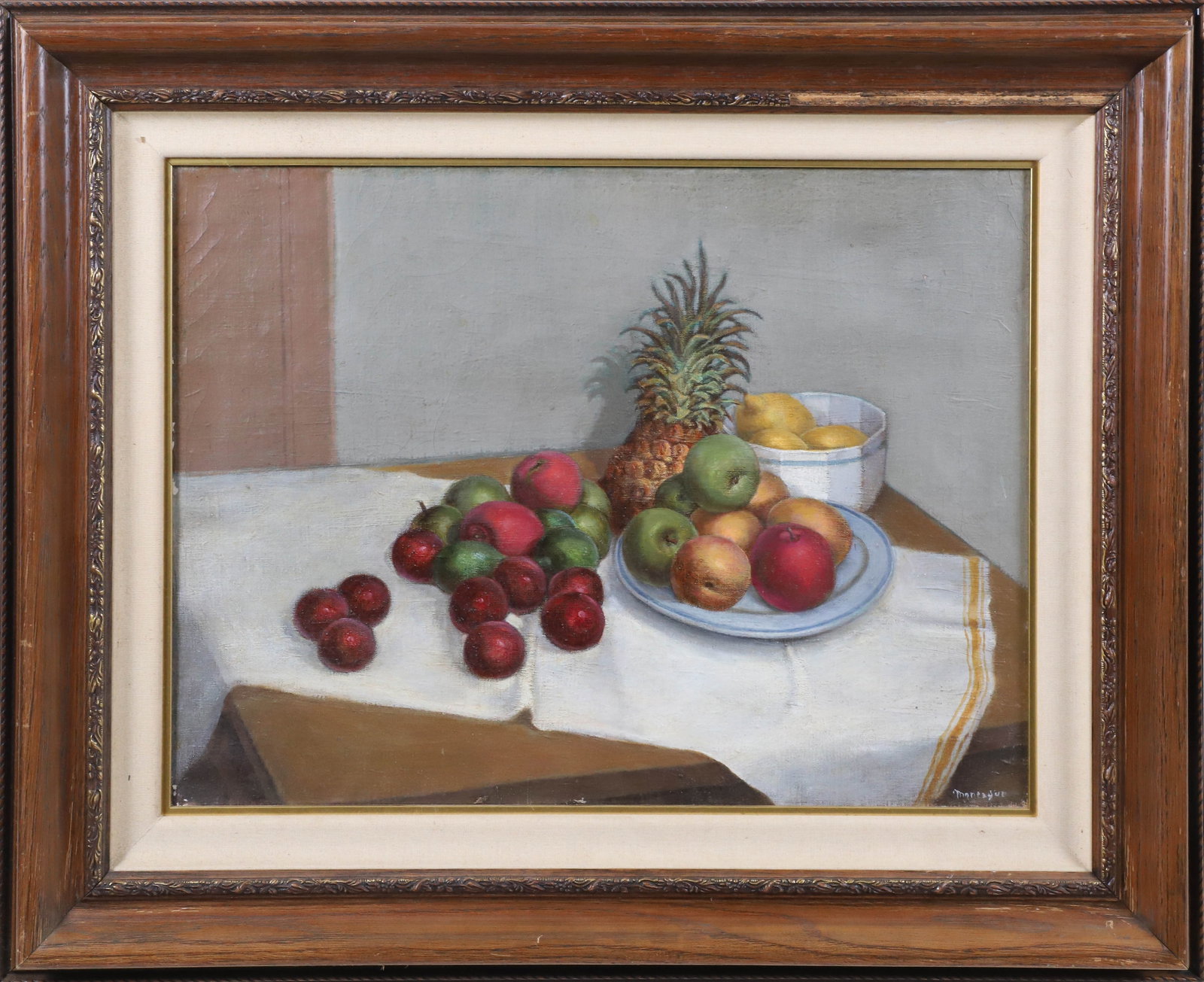 Montaque Oil on Linen "Tabletop Fruit Still Life": Montaque Oil on Linen "Tabletop Fruit Still Life", signed indistinctly lower right Montaque, in molded wood frame 18 in. x 24 in. Framed 26.5 in. x 32.5 in.