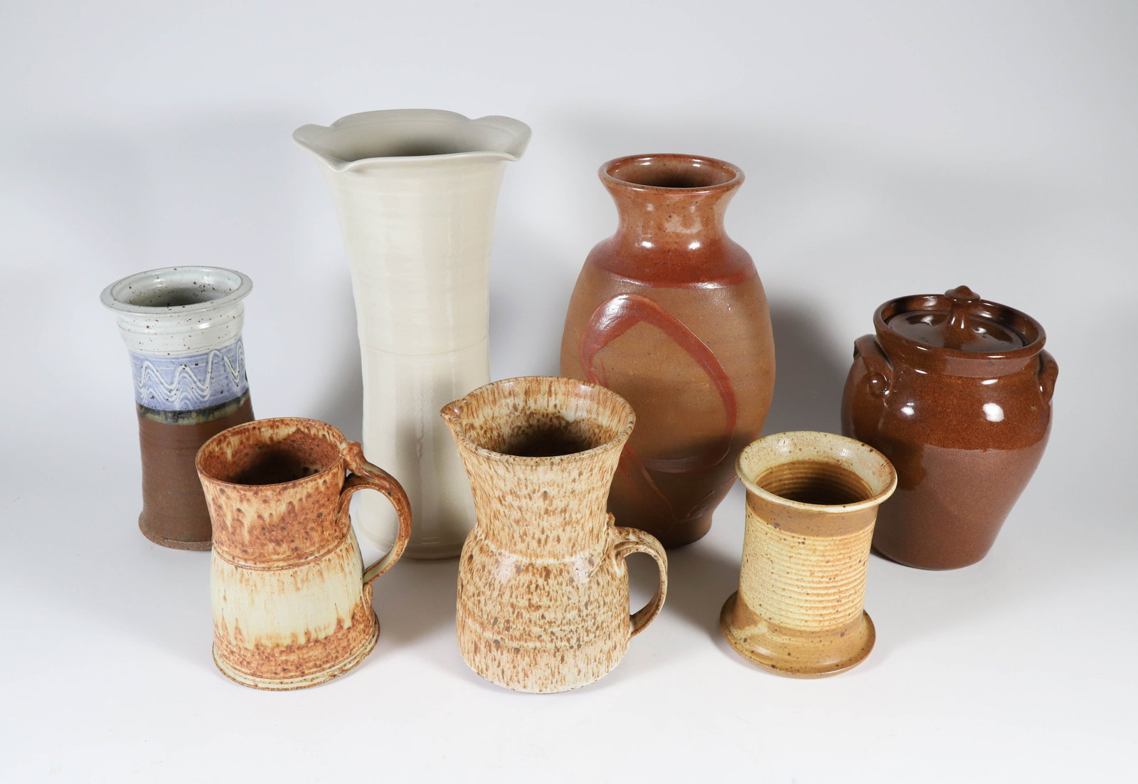Seven Contemporary Pottery Pieces Including Vases, Pitchers and Covered Crock (1 of 8)
