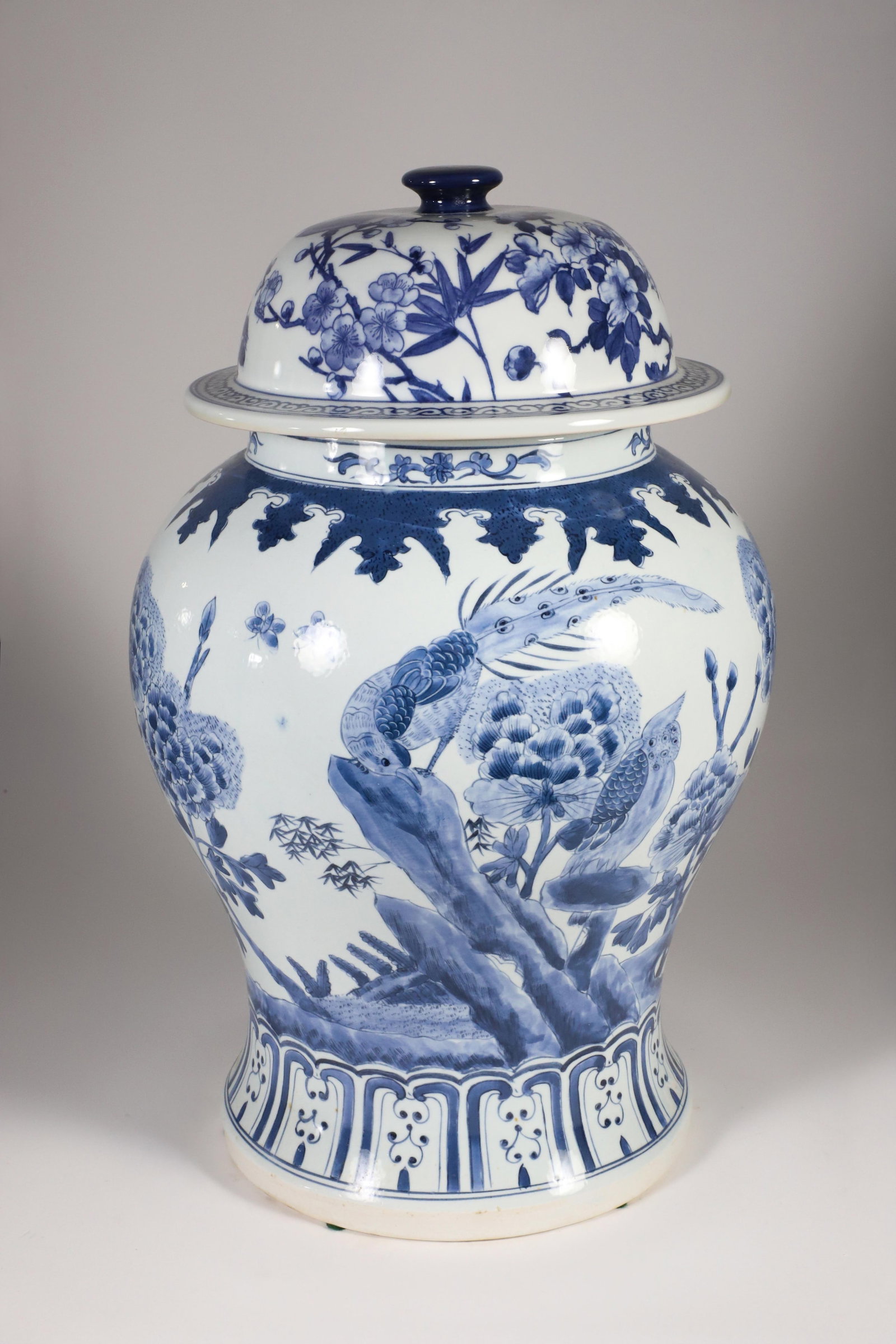 Canton Style Phoenix and Floral Decorated Porcelain Blue and White Covered Temple Jar: Canton Style Phoenix and Floral Decorated Porcelain Blue and White Covered Temple Jar Height 18 in.