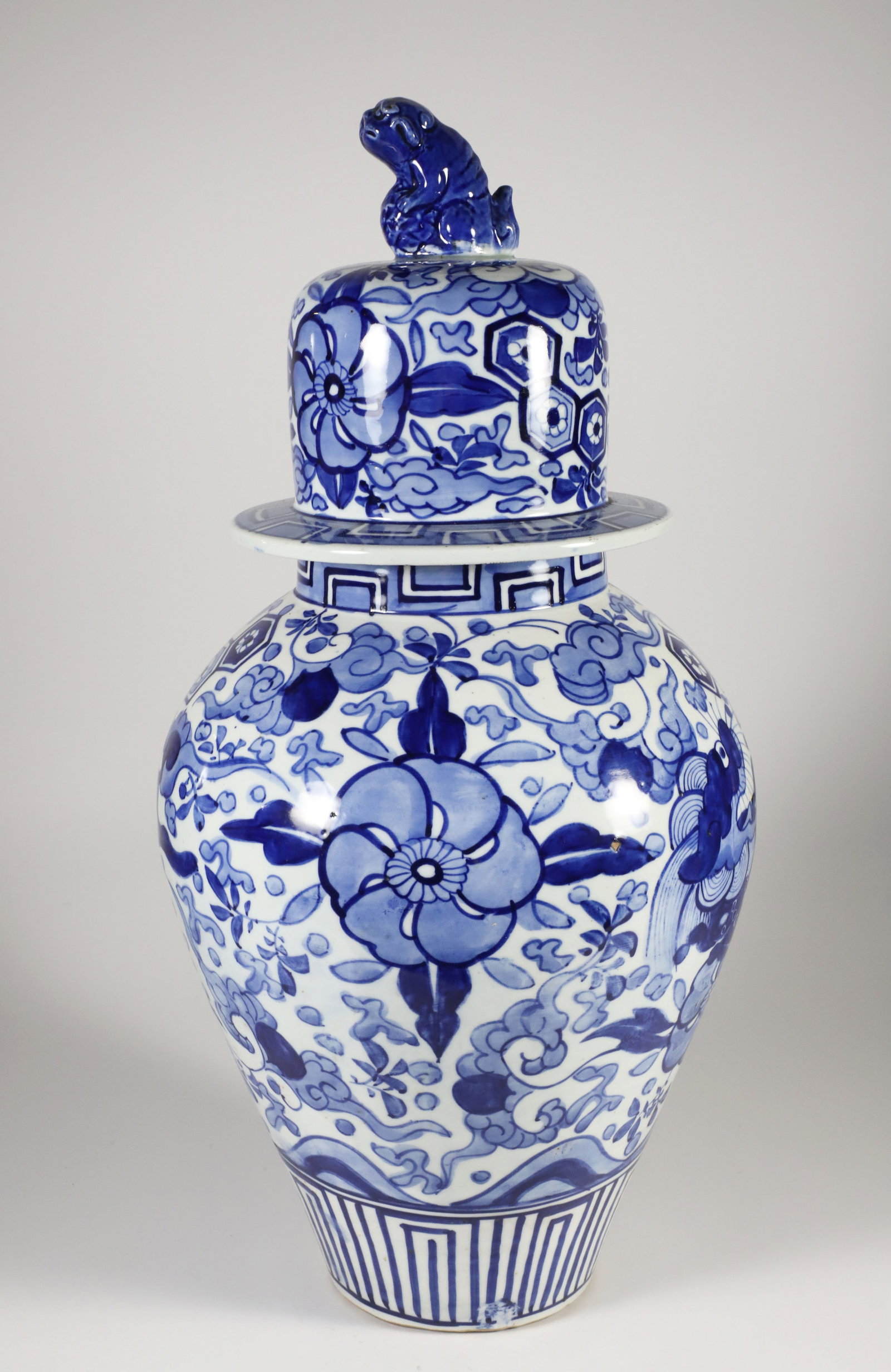 Contemporary Chinese Blue and White Covered Temple Jar with Foo Dog Finial: Contemporary Chinese Blue and White Covered Temple Jar with Foo Dog Finial Height 22 in.
