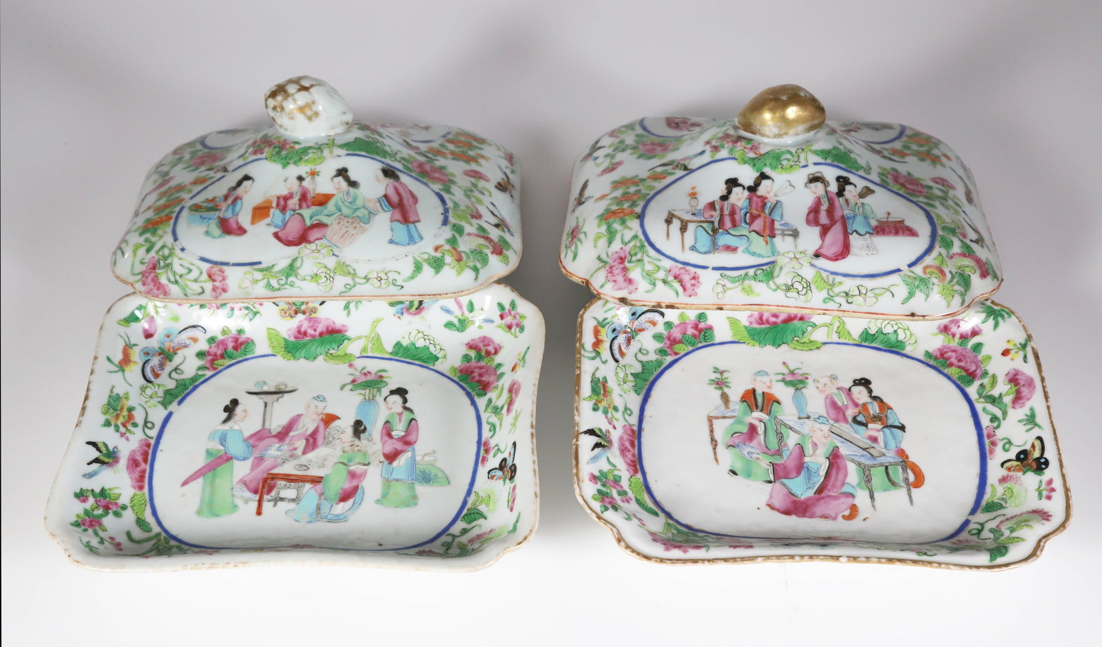 Chinese Export Famille Rose Covered Vegetable Dishes, early 19th Century: Chinese Export Famille Rose Covered Vegetable Dishes, early 19th Century 5 in. x 9 in. x 7 in.