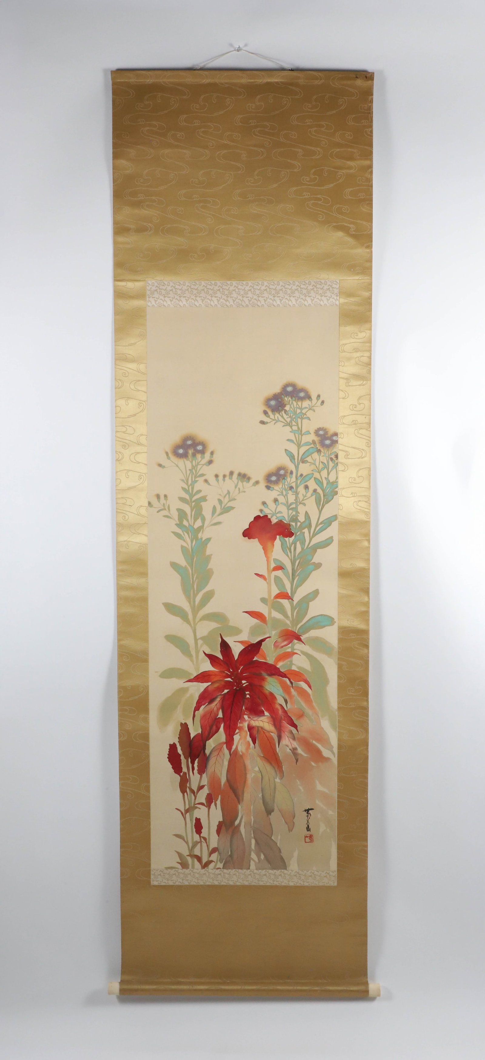 Japanese Watercolor Scroll Depicting Fall Plants Including a Poinsettia: Japanese Watercolor Scroll Depicting Fall Plants Including a Poinsettia, signed lower right 81 in. x 24.5 in.