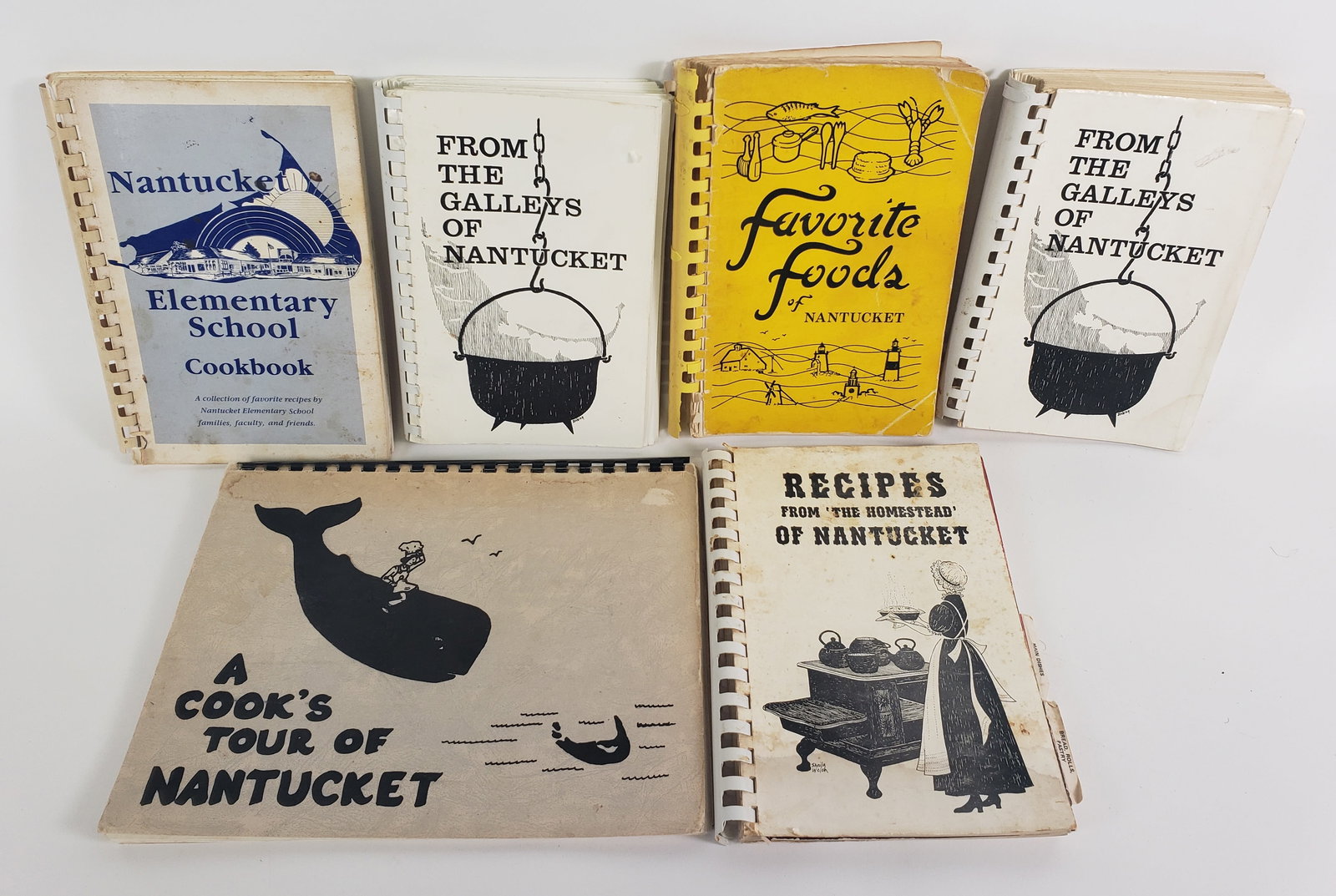 Collection of Six Vintage Nantucket Cookbooks, 20th century: Collection of Six Vintage Nantucket Cookbooks, 20th century, including; A Cook’s Tour of Nantucket, Nantucket Elementary School Cookbook, Favorite Foods of Nantucket, Recipes from the Homestead of N