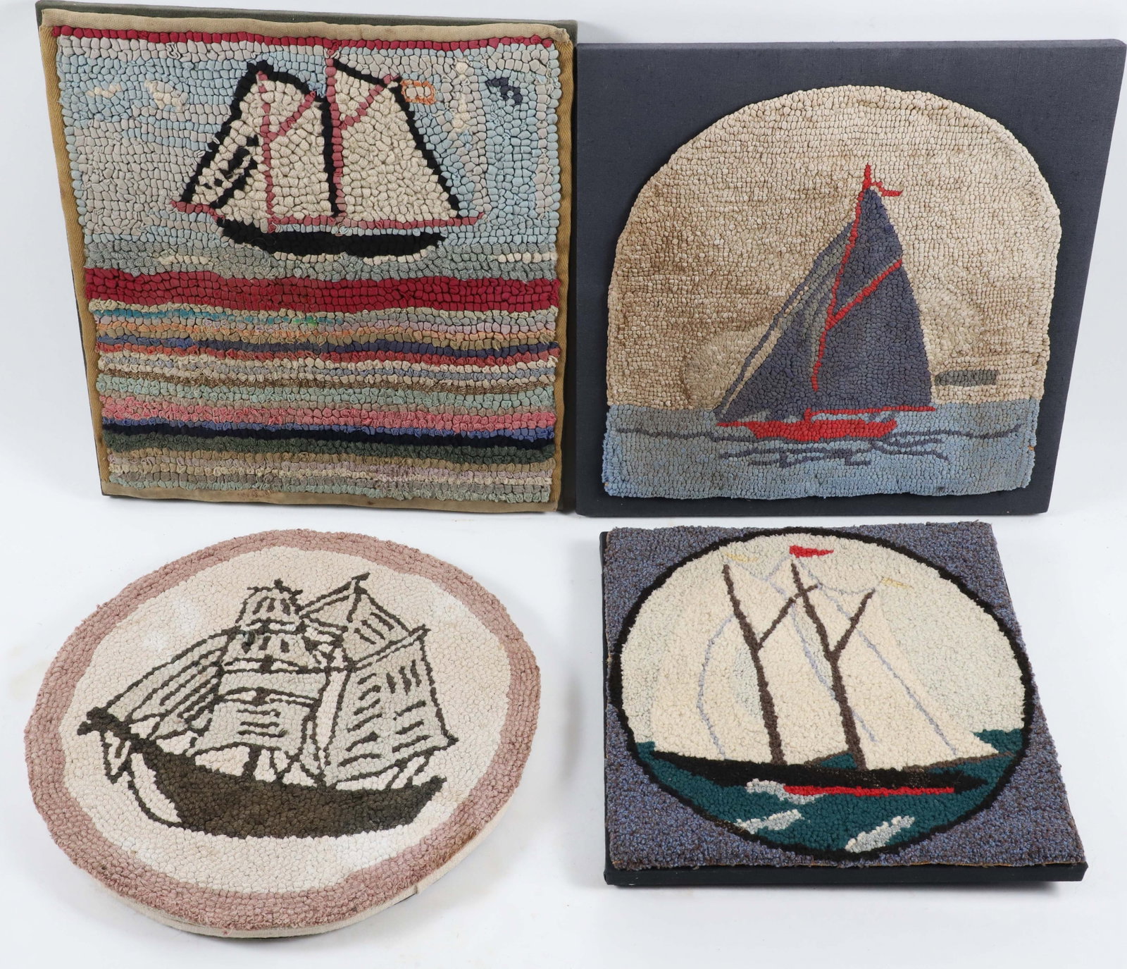 Four Antique Hooked Rugs Mounted on Boards Depicting 3 Schooners and a Clipper Ship (1 of 4)