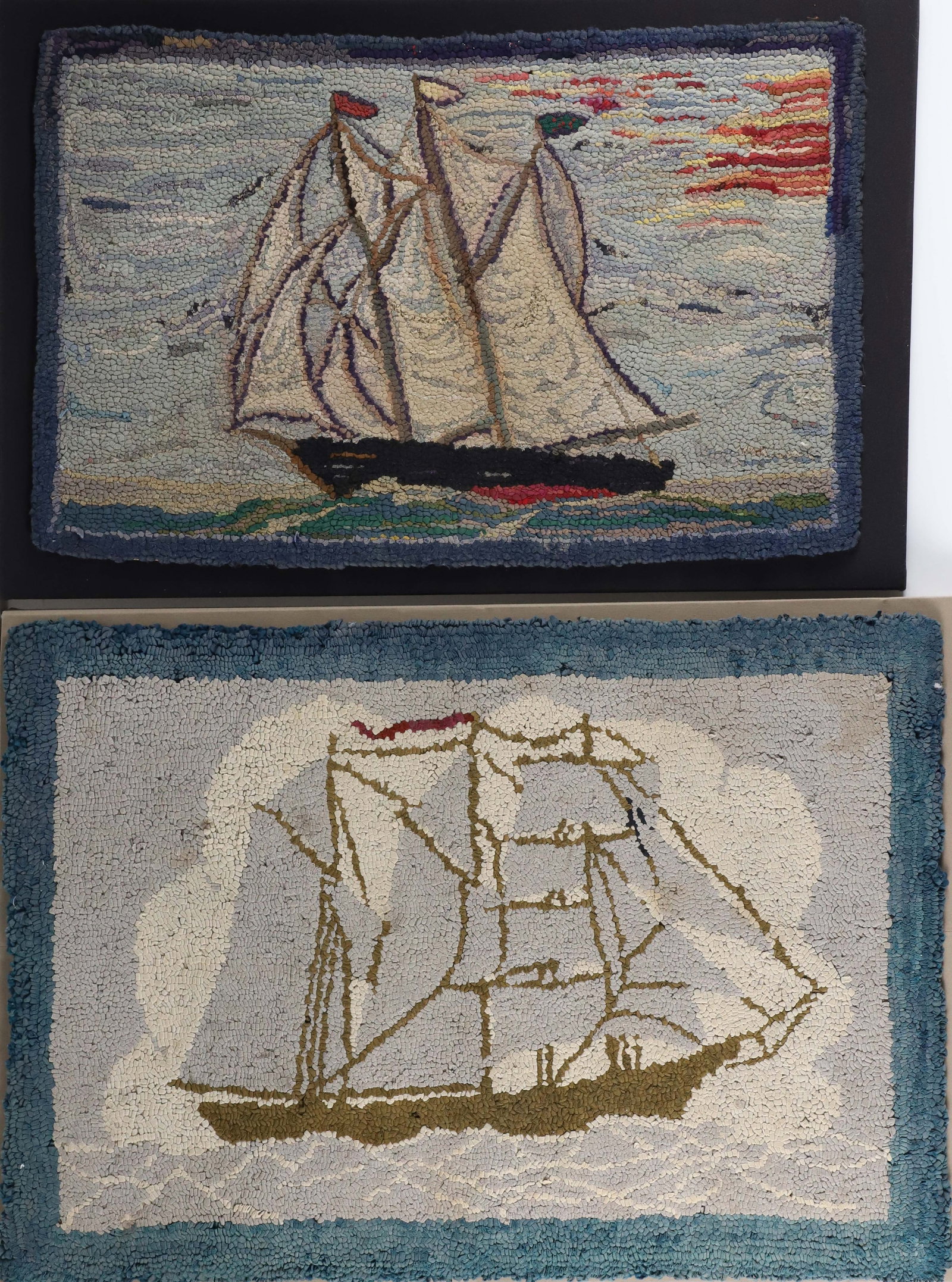 Two Antique Hooked Rugs Mounted on Boards Depicting a Schooner and a Clipper Ship (1 of 5)