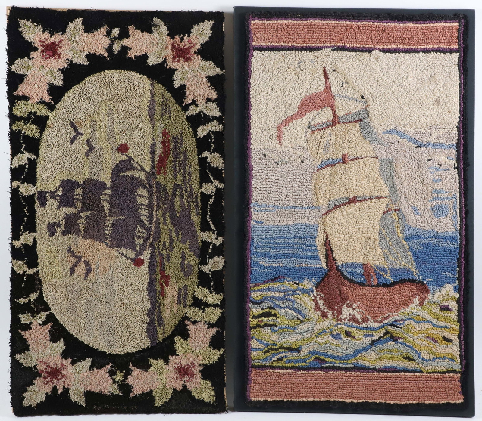 Two Antique Clipper Ship Hooked Rugs Mounted on Boards (1 of 6)
