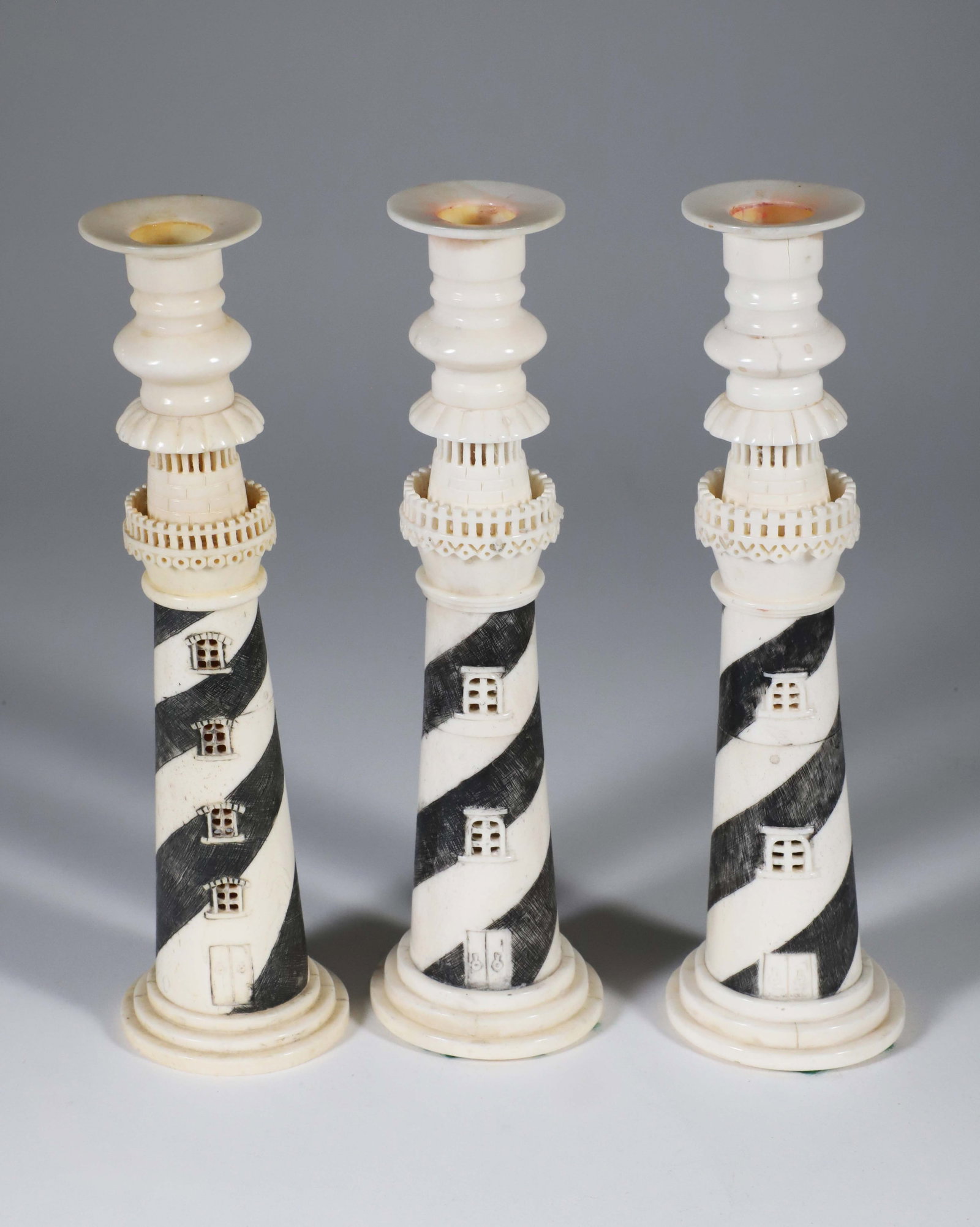 Set of Three Finely Carved Bone Sandwich Lighthouse Candlesticks (1 of 7)