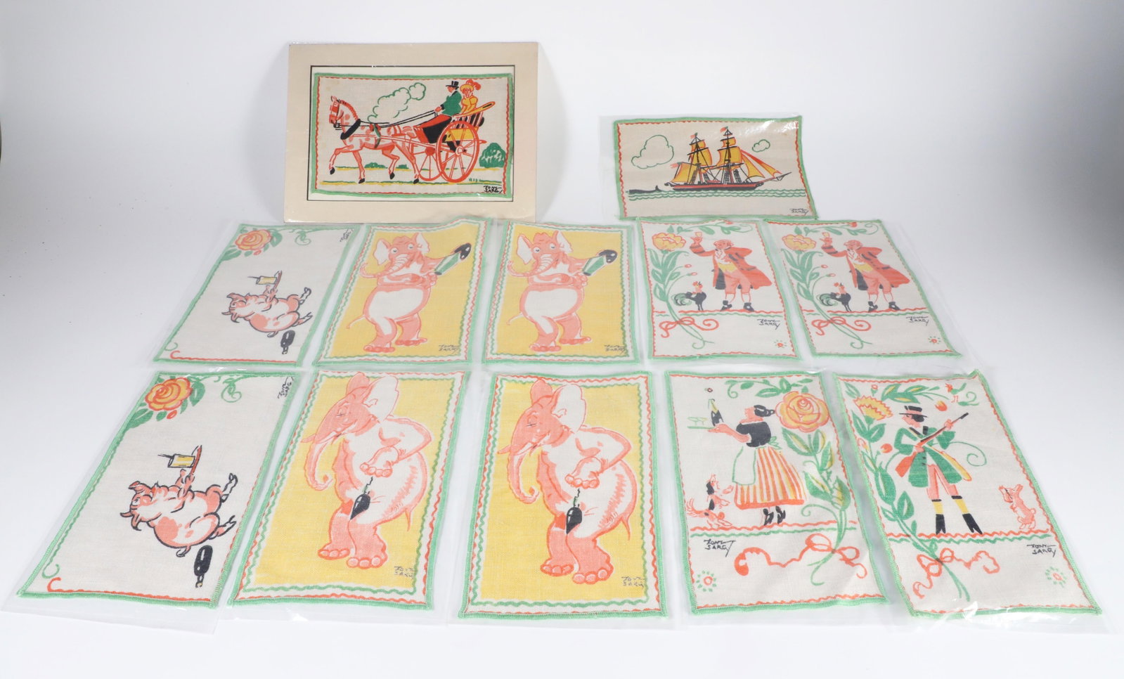 Twelve Vintage Tony Sarg Whimsical Printed Linen Table Napkin (1 of 5)