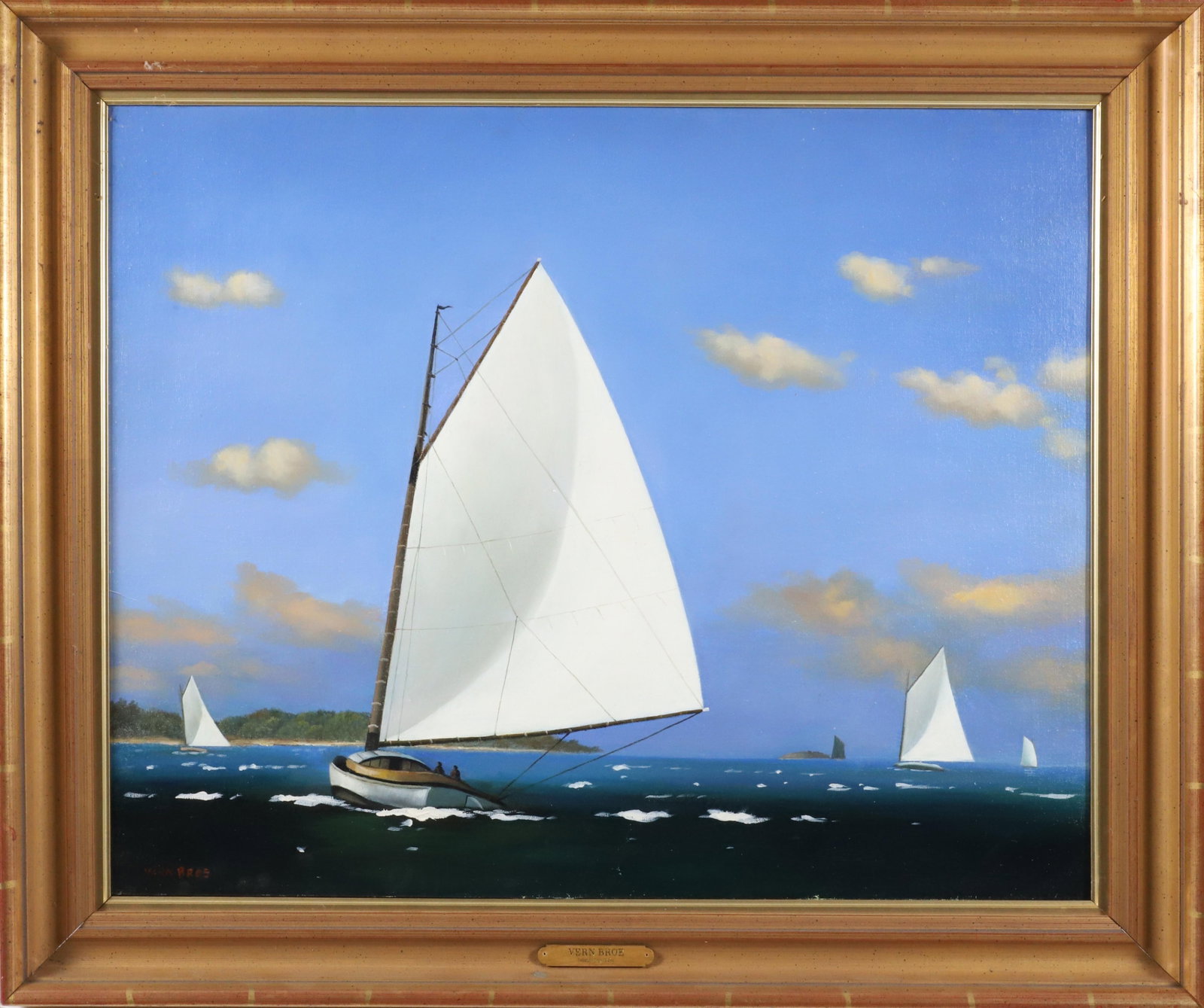 Vern Broe Oil on Board "Island Day Trip": Vern Broe (1930-2011) Oil on Board "Island Day Trip", signed lower left Vern Broe, in contemporary frame. 24 in. x 29.5 in. Framed 30 in. x 35.5 in.