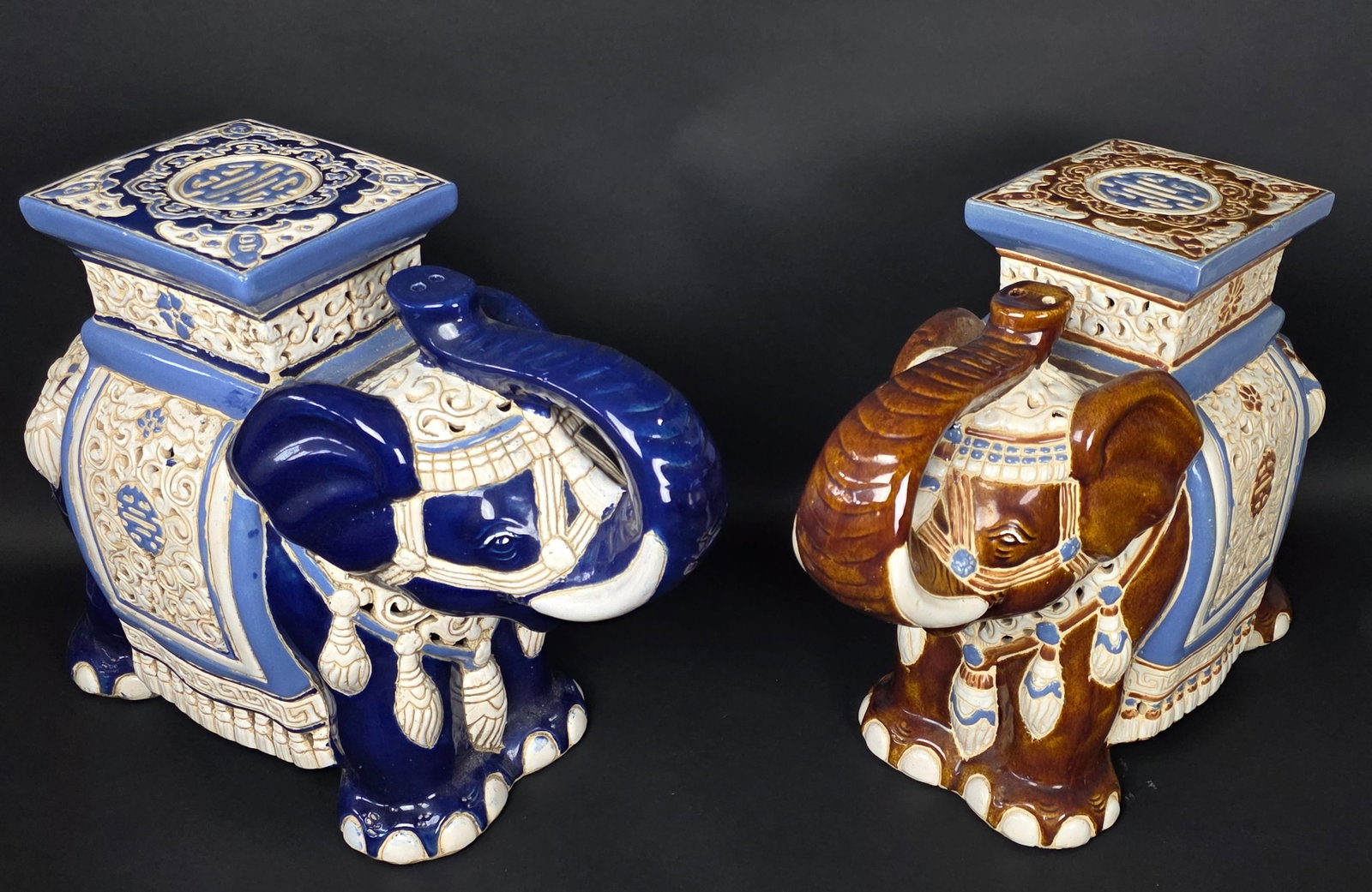Pair of Vintage Glazed Figural Ceramic Chinese Royal Elephant Garden Stools, 20th Century (1 of 9)